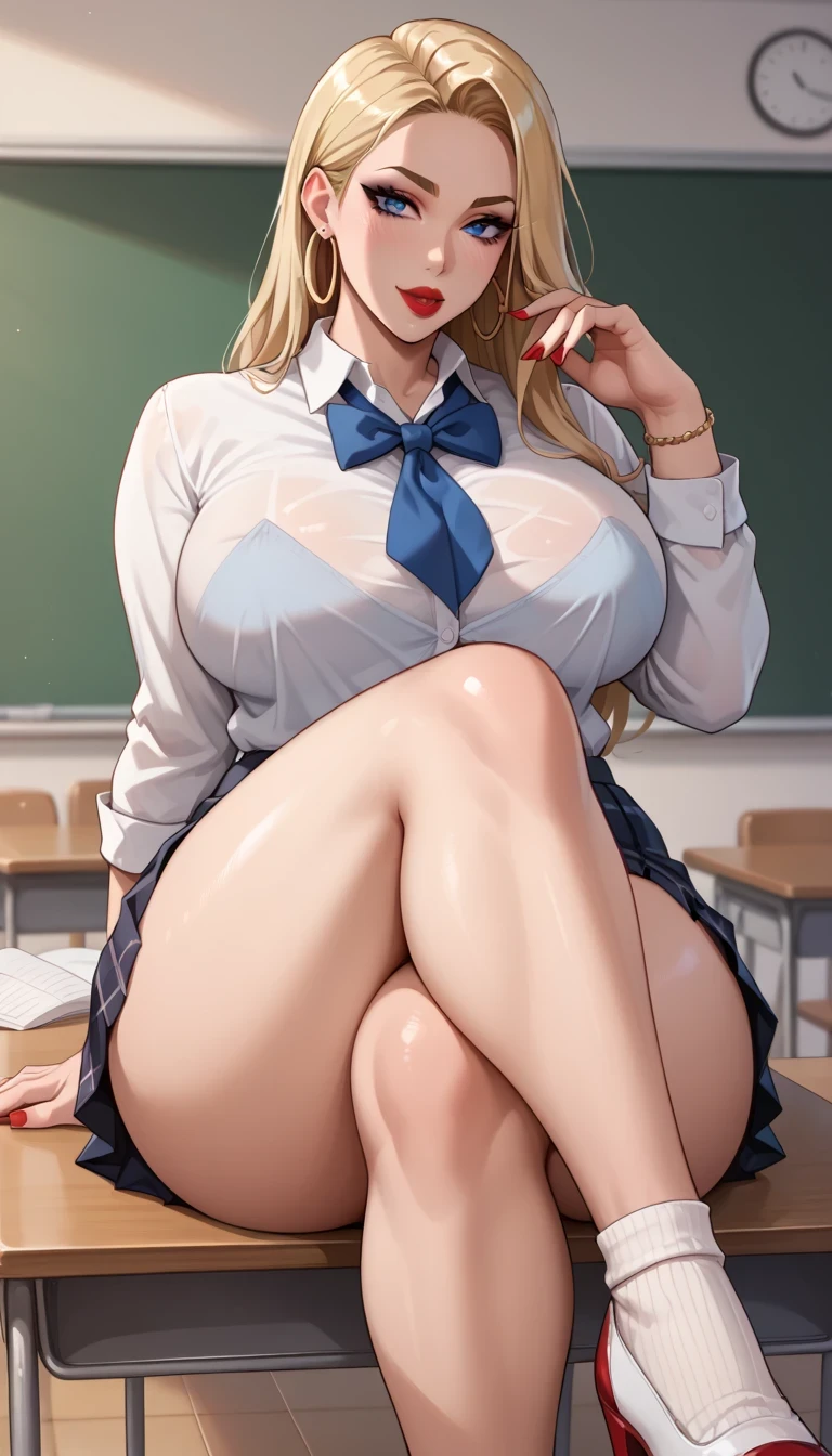（（（Perfect shape，shape，alone， （（（Schoolgirl uniform、Checkered Skirt、Red jacket、Black knee-high socks））），（（（AND18, android 18, bionde, Blue eyes, short hair, ））），((masterpiece)),High resolution, ((Best quality at best))，masterpiece，quality，Best quality，（（（ shame、Exquisite facial features，Looking at the audience,There is light in the eyes，(（（anger，Severe））)，））），Shape:1.7））），（（（Light and shadow，Huge breasts））），（（（Looking into the camera）））、((Best Shot、Leg spread、Excessive sweating all over the body))、Low - Angle、((The background is a school classroom))