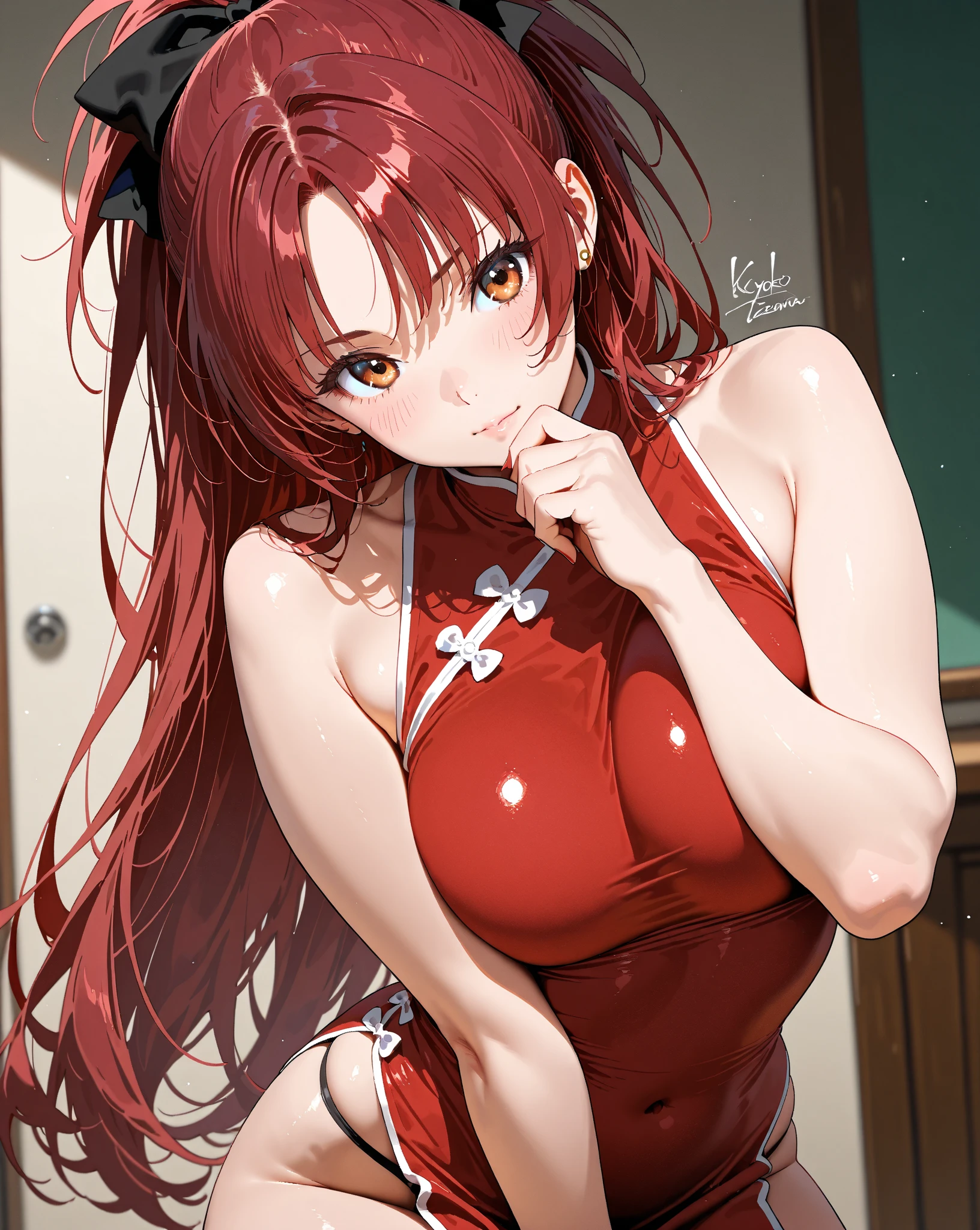 (top-quality: 1.3)、(​masterpiece: 1.3)、(The ultra-detailliert: 1.3)、(wall-paper, one girls)、([Diamonds: 1.3|The eye]:1.2)、(Perfect and beautiful red hakama:1.3)、Hakama、(Red hair:1.3)、Medium Hair、poneyTail、(Beautiful Large Breasts:1.3)、dojo、ssmile、sexypose、Sit up