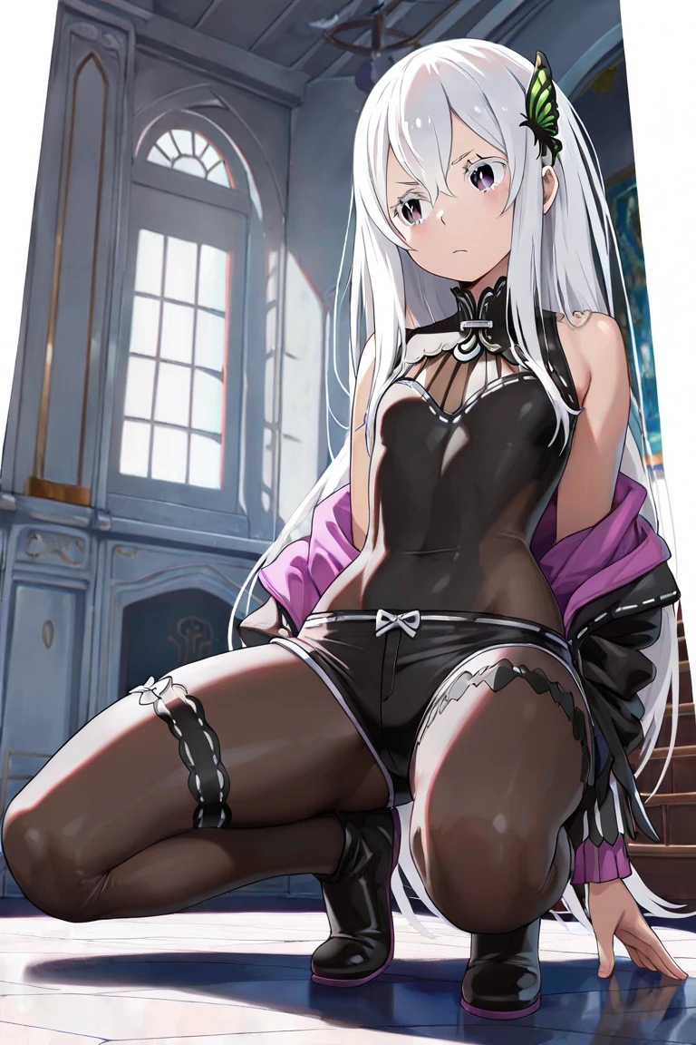 prison, concrete wall, concrete floor, ((bare shoulders)), ((black bustier)), ((black stockings)), ((black g-string)), ((black high heels)), ((black garter belt)), ((black elbow gloves)), ((chair)), ((female sitting in a chair)), ((evil grin)), looking at viewer, ((glare at)), ((male masturbation)), ((ass pov hands)), ((penis)), ass pov,
One girl, Long Hair, Purple eyes, chest, Ahoge, very Long Hair, large breasts, ribbon, hair ribbon, ponytail, bangs,