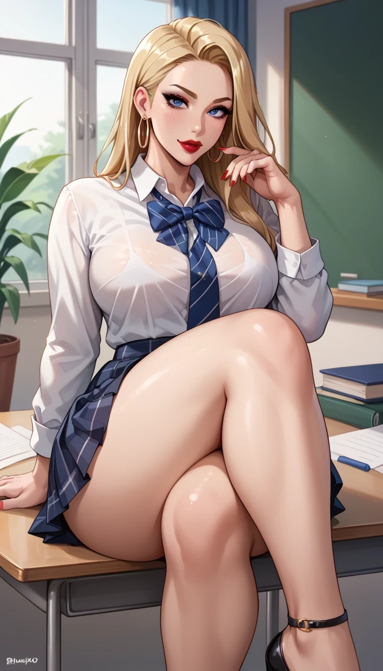 Hot teacher in black high heels, black miniskirt and a white crop top you can see her tits and nipples. She has blonde hair and black glasses. She sits with her legs spread on the teacher's desk and has her fingers in her vagina to satisfy herself