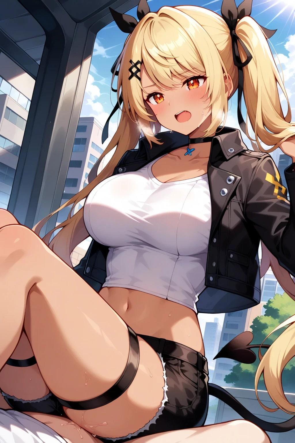 a sexy anime girl with big tits in a black and white costume, underwear, and high heel shoes, 1girl, solo, breasts, twin braids, braid, shorts, navel, hat, thighhighs, long hair, large breasts, sitting, jacket, looking at viewer, open clothes, white footwear, cleavage, shoes, off shoulder, open jacket, blonde hair, black headwear, short shorts, collarbone, stomach, white shorts, baseball cap, bag, underwear, sneakers, black bra, bra, brown thighhighs, bare shoulders, long sleeves, hairclip, brown eyes, hair ornament