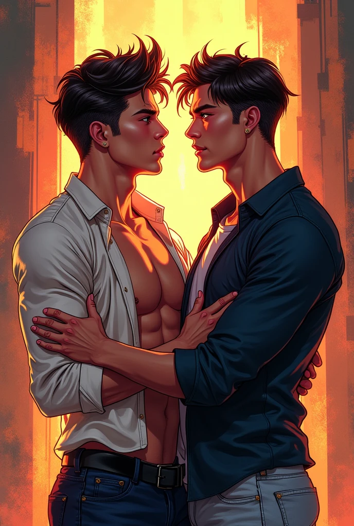 Poster of two adult gay male anime characters with tattoos on their arms kissing