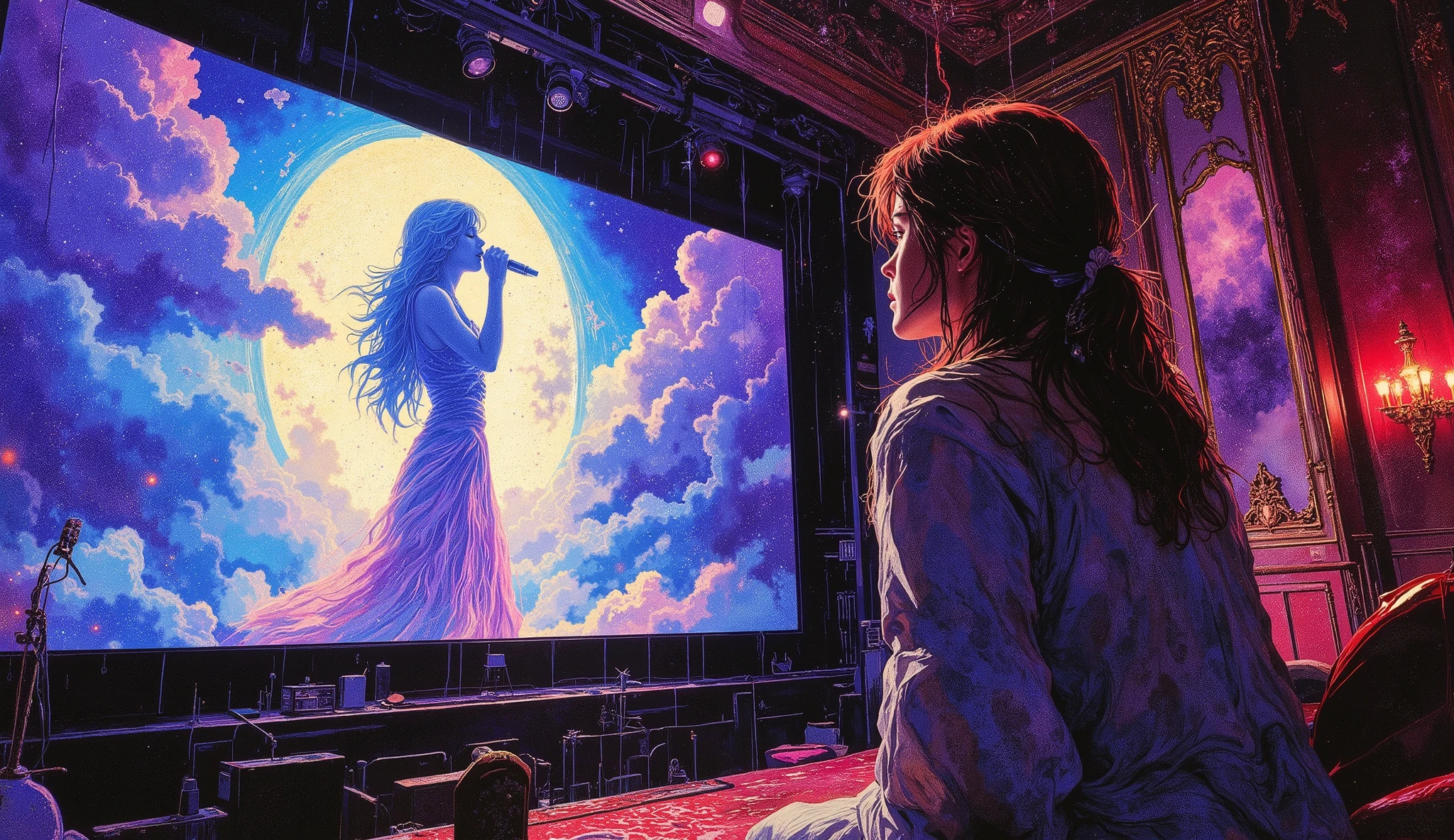 DB4RZ style painting, High quality background girl,looking at big screen of old movie theater,Divine sadness,Cinematic soft light,with surreal feel,Steam wave color,Side silhouette of female singer on screen,Fine Detail,4K High Resolution,HDR,professional lighting,Wet Nature,brilliant colorful,Depth Blur