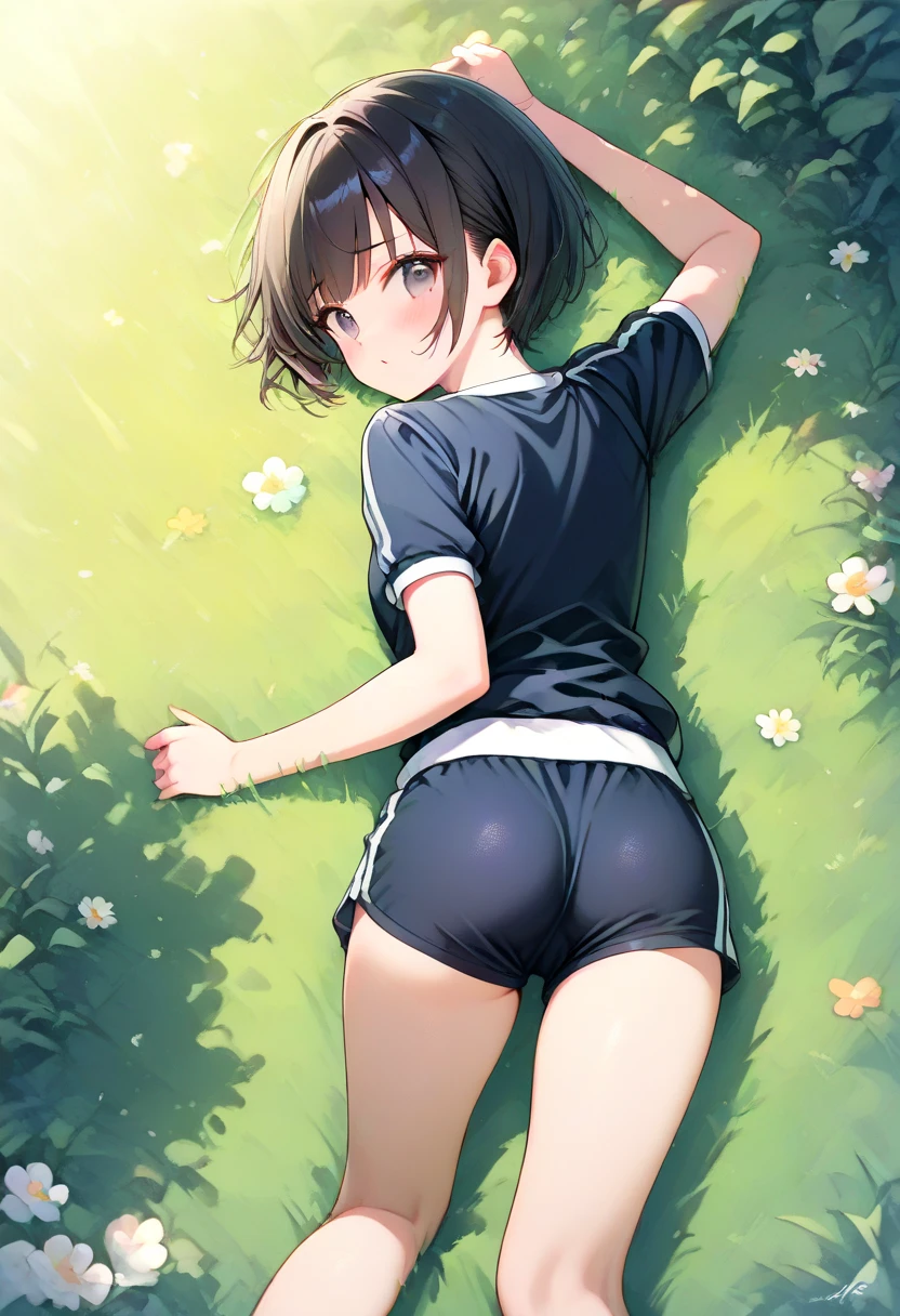 masterpiece,best quality,ultra-detailed,high resolution,4k,
1 girl,(solo),beautiful pretty cute face,beautiful detailed eyes,
back focus, ass shot,
smile,gym uniform,good weather,no print t-shirt, small ass,
school ground, blue sky,
little girls,kawaii, (loli:1.3),on all fours