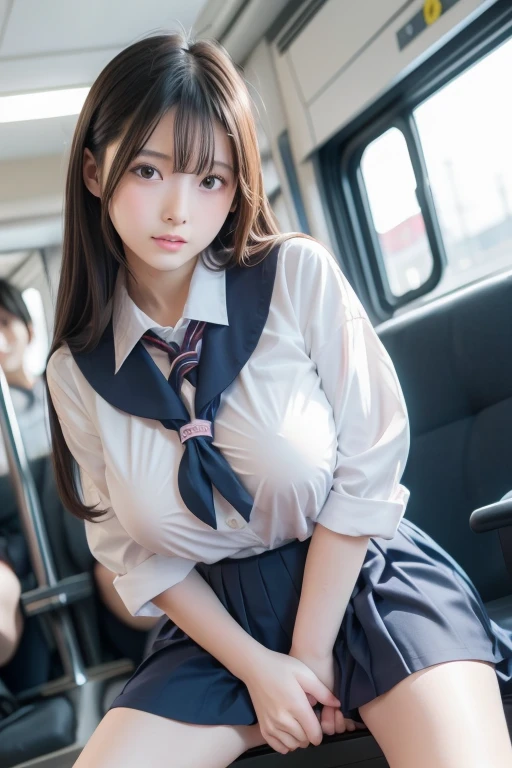 ((best quality, 8k, masterpiece)), ultra-detailed, sharp focus, 1 cute girl, 18yo, ((white panties:1.4)), (lace panties:1.2), (sitting on the seat of a train), (long seats), ((long checkered pleated skirt)), ((school uniform:1.2)), highly detailed face and skin texture, ((detailed eyes)), ((beautiful eyes:1.2)), smile, ((crotch focus:1.3))