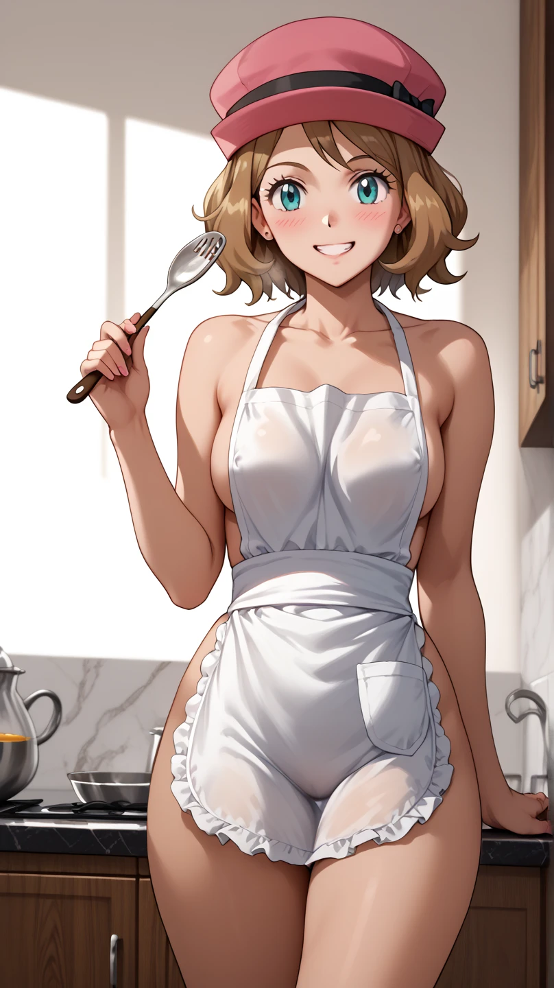 10ma_t, Tsukasa3rd, 1 boy blonde hair solo orange eyes, softly smiling, embarrassed, large breasts, clothed breasts, mature, motherly, double breasted, looking at viewer, perspired, blue apron, white dress, in a kitchen