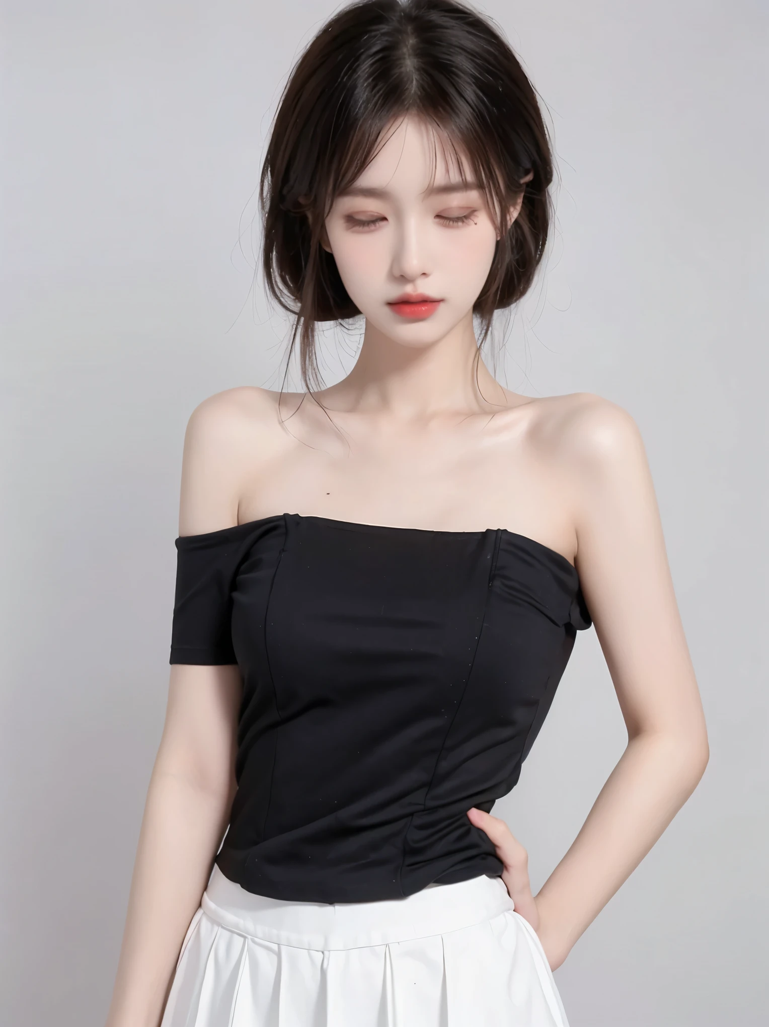 A girl of about 45 years old,simplicity,Extremely beautiful and delicate,(light make-up),Black color hair,A sweet smile,Delicate and beautiful fair skin,Realistic and realistic,exquisite and complete facial features,Detailed depiction of the face,tall nose bridge,Red lips,Beautiful, gentle and beautiful girl,Smooth hair,extremely detail hair,Feminine temperament,Fill your face light,hyper realisitc,photorealestic,8K quality,extremy detailed,Realistic details,Works of masters,Realistic to the extreme,big breasts body,Beautiful,Pure desire,Stunning beauty,Peerless beauty,Highest image quality,8K分辨率,goddes,ssmile,Fine facial features,Hair over the shoulder,A brown-haired,Large long thick legs,(((High-waisted French top))),(((short skirt))),rays of sunshine,facing at camera,The body is well-proportioned and firm,Gentle eyes,Exposing thighs,stand posture,Stand inside the mall,Full body photo