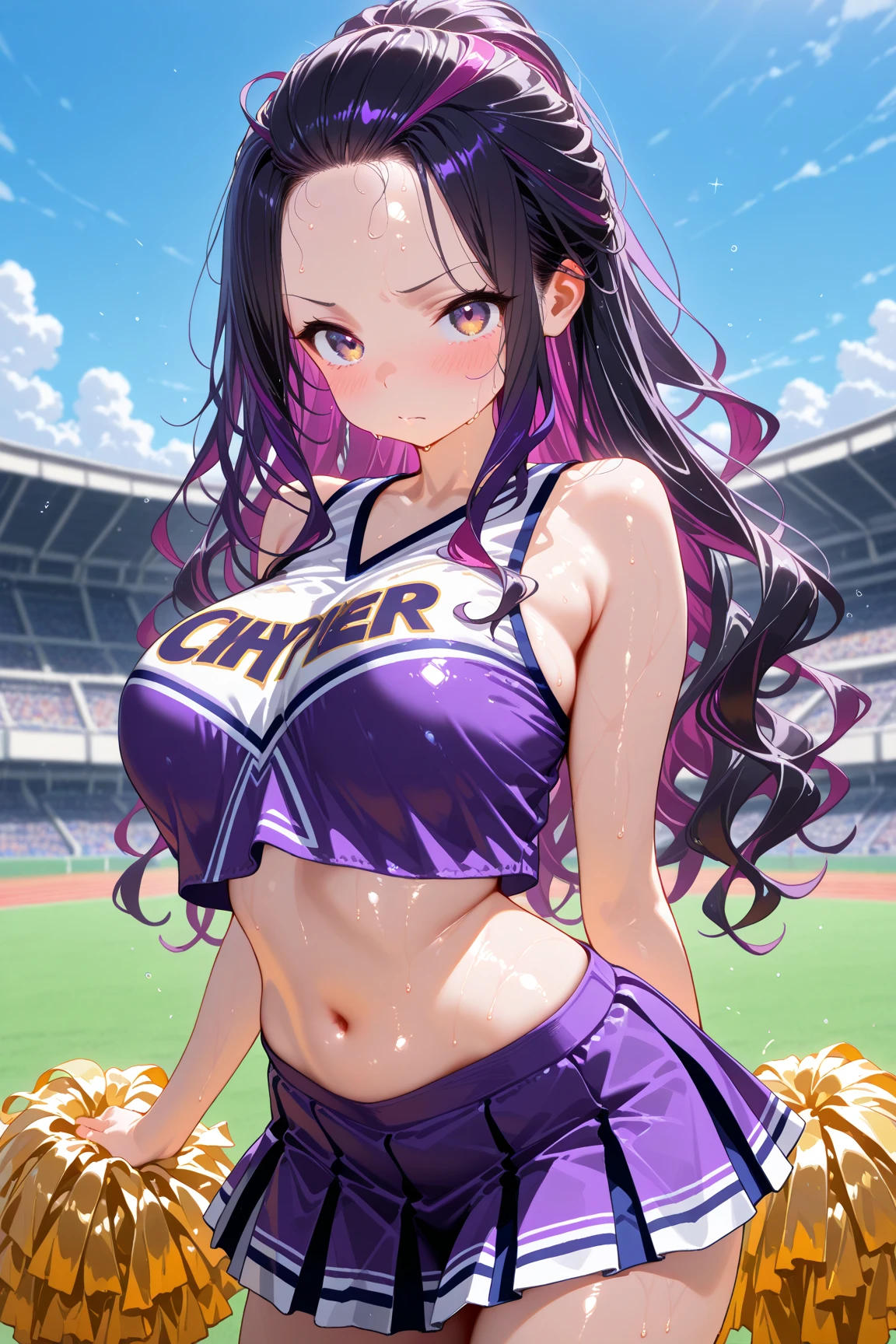 Masterpiece ,best quality , high resolution , ultra detail , colorful , (1 girl solo:1.38) , (Misato katsuragi) , (black eyes, ponytail , purple hair, medium_long_hair, make up, necklace, tall, slim body,) , (wear baseball hat , belly  , navel , sport top , sport short , stockings ) , (arms behind back . hands behind back) , (cleavage:1.15) , (big breast:1.1) , (face view , look at view) , (outdoor , Baseball field，race，streamers，victory，celebrate) , (standing , Legs , thighs , cowboy shot) , ( full face blush , shy , smile , open mouth)