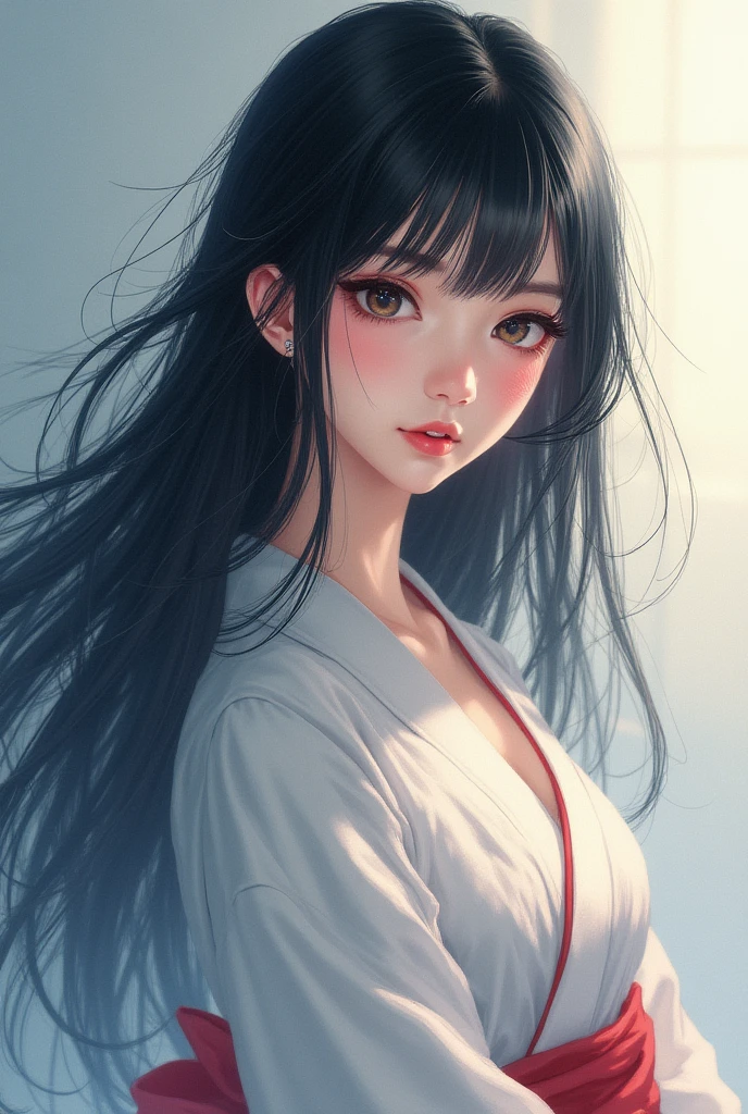(masterpiece, high quality, lifelike, Ultra realistic, Remarkably high quality, photorealistic:1.5), Anime Woman Tsubaki Miyajima with Black Long Hair minimalist logo design bright colors, high quality, extreme quality, super detailed