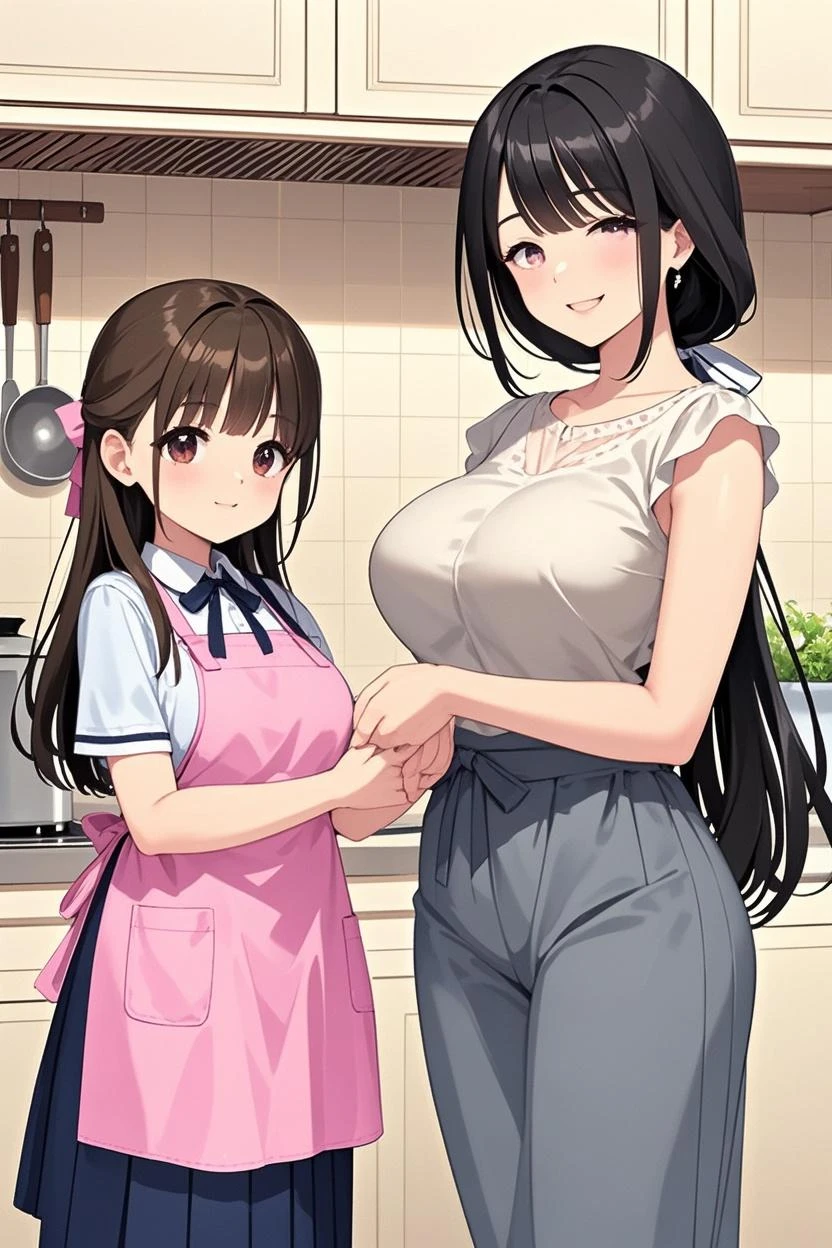 2heads, a tall fat woman with 2 heads. She is in a kitchen, standing behind a countertop She is wearing an apron, deep cleavage. She is wearing a bandana to push her hair back. She has long curly brown hair. She is very tall and mature. She is baking a pastry. Her apron is dirty. She is happy and smiling. She is messy from baking.