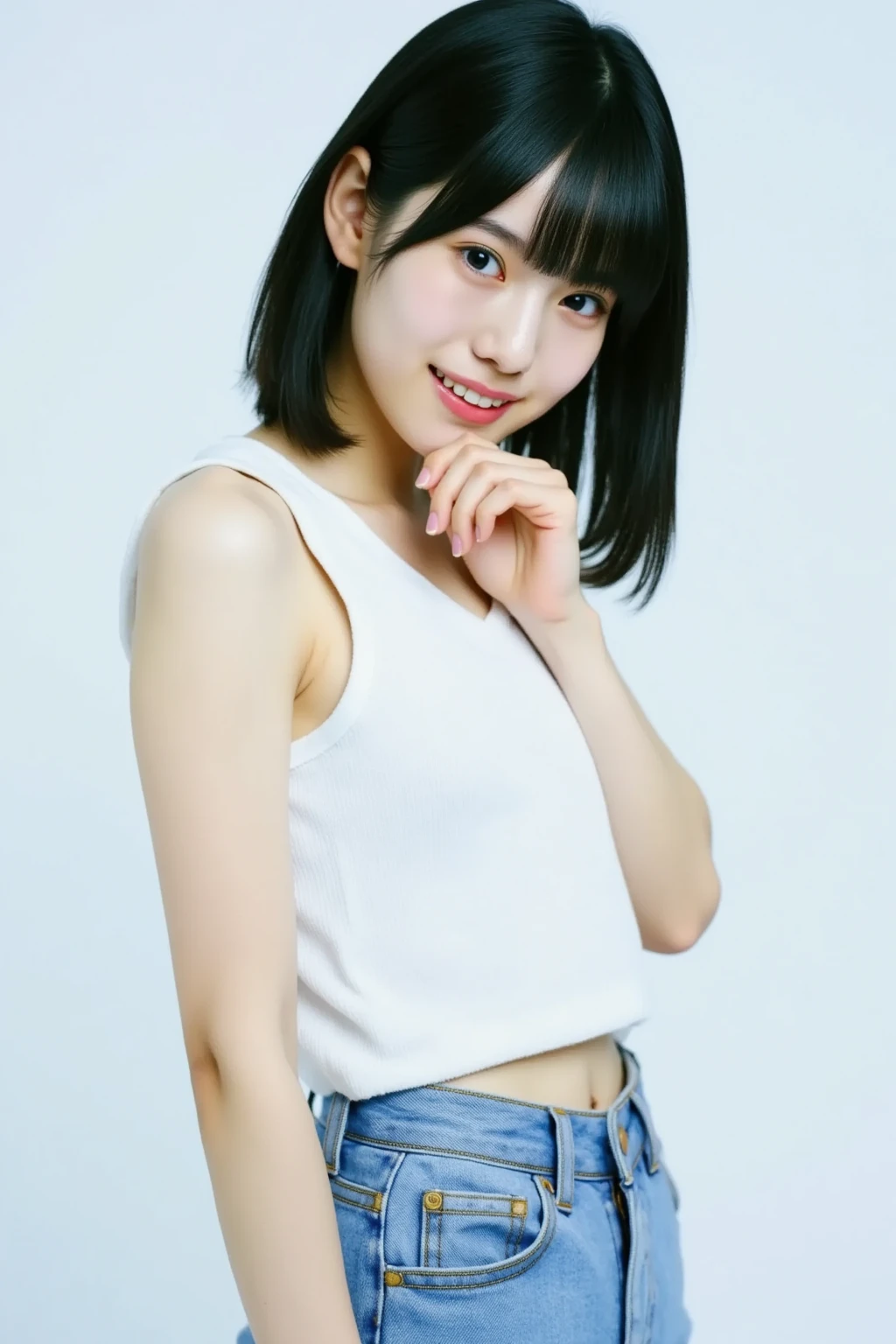 One girl,summer,Inside the room,Bed,Standing,Black Hair,short hair,Put your hair on your ears,Navy blue tank top,skirt,laugh,6th grade elementary school,Handsome face,Honors Type,front,Small bulging lines on the chest,Look here,transparent, Soft Light,(masterpiece, Highest quality), Structure of the film, Like a movie