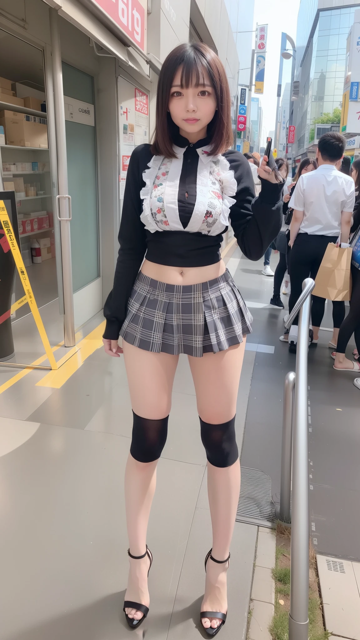 ((top quality, 8k, masterpiece: 1.3)), pretty woman with perfect figure: 1.4, (big breasts: 1.2), very detailed face and skin texture, detailed eyes, high school student, uniform, blouse, miniskirt, (posing at school: 1.2), 1girl, cinematic, full body, goddess of Japan, short hair, smile, there are students, being watched by people,