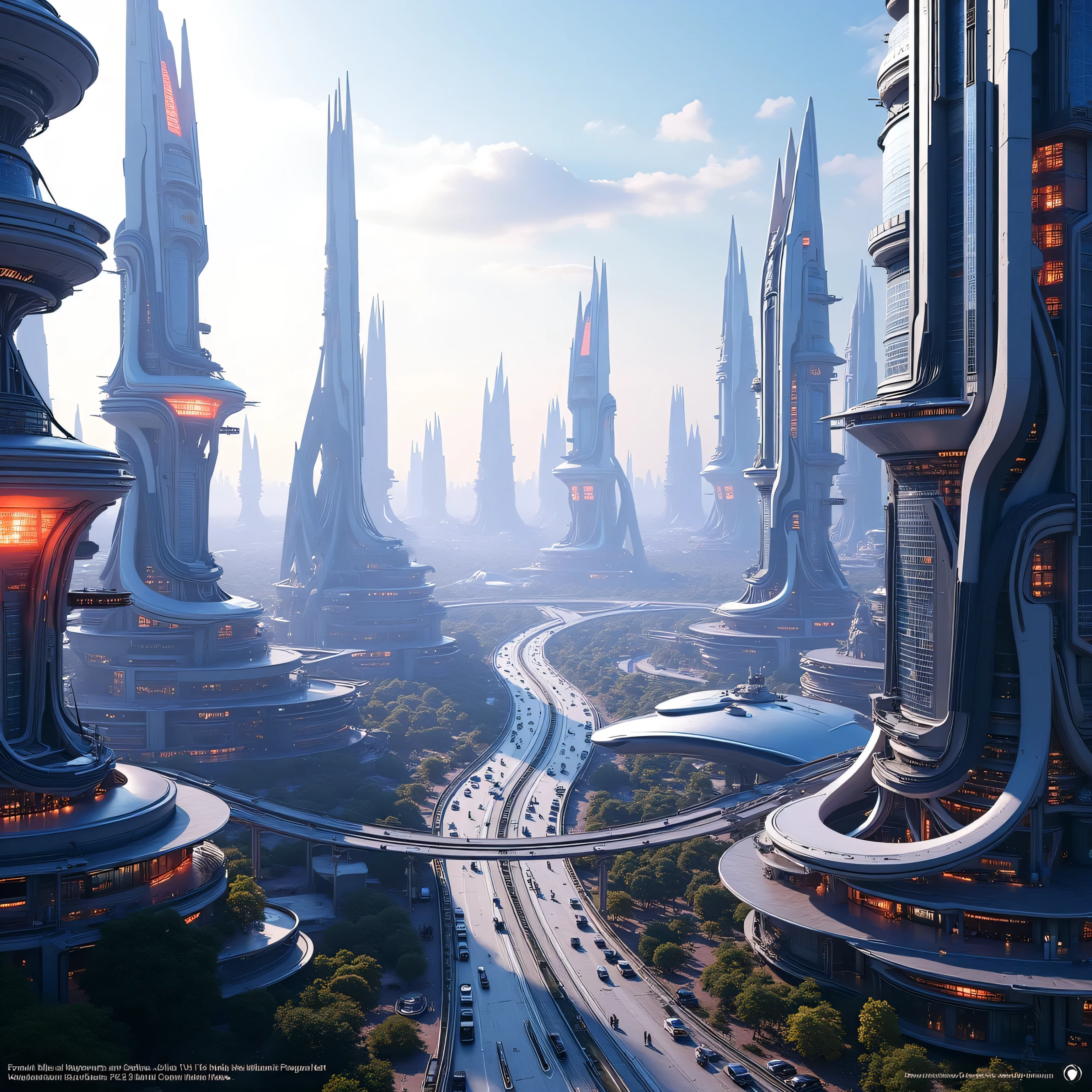 highly detailed future cities、spectacular futuristic buildings、complex future skylines、buildings with futuristic textures、panoramas capturing huge future cities、large-scale future cityscapes、future cityscapes accurately depicted、cutting-edge technology and sophisticated design Integrated buildings of the future、collective of urban infrastructure that symbolizes the future、dynamic structure and design of future cities、32K,best quality,feels as realistic as a picture,Highly Precise,perfect realism,Incredible detail,Professional Finish,Excellent coloring,Vivid Colors,bokeh,HDR,UHD,Studio Lighting,extreme precision of depiction