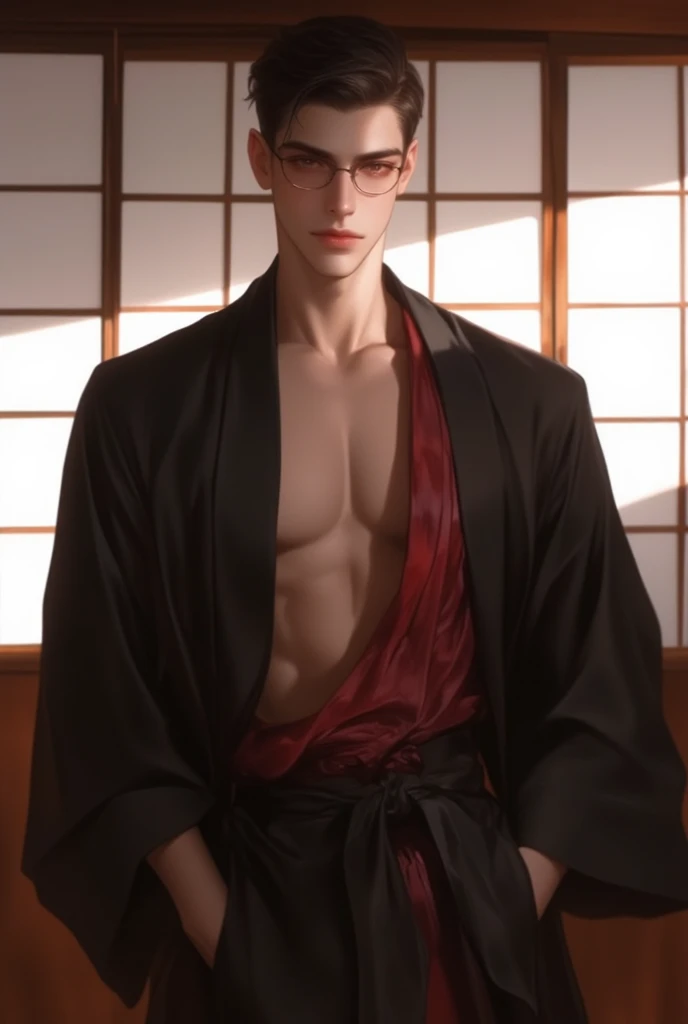 masterpiece, best quality, realistic, 1man, male focus, tall muscular, handsome, [thin eyebrows:0.5], serious, shirtless, portrait, extremely detailed face, black hair, (short hair), shirtless, six packs, full body, Japanese, round glasses, relax