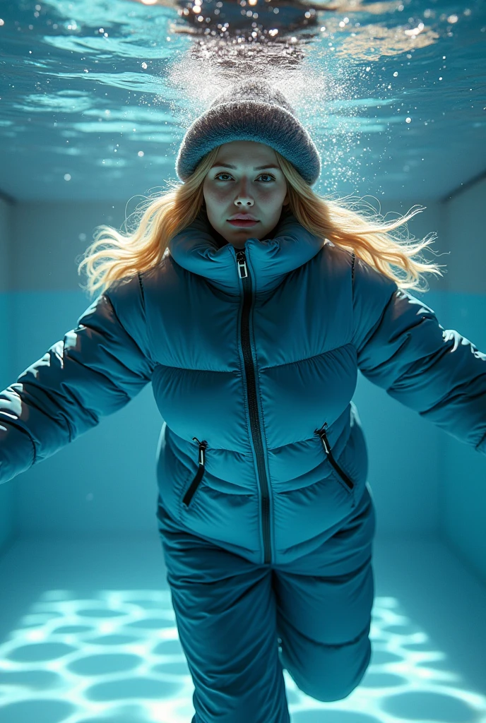 Photo realistic image of beautiful blonde woman in winter hat, shiny big blue puffy snowsuit and black winter gloves swimming underwater in pool