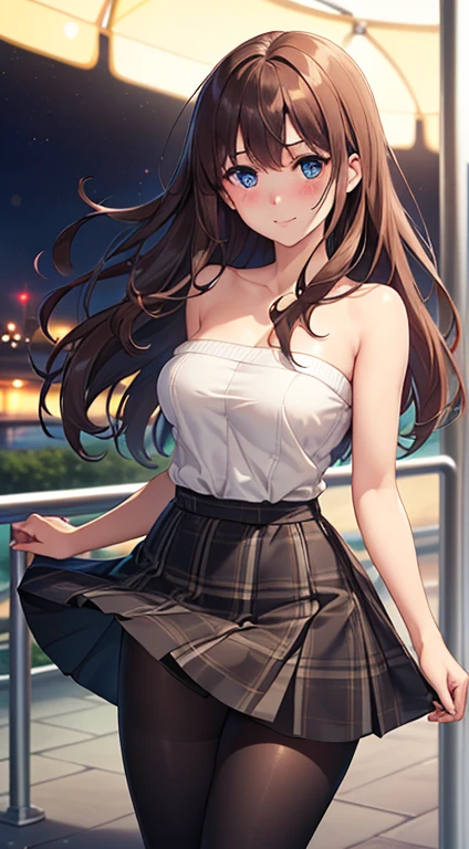 ((masterpiece, best quality, high resolution, ultra high definition, Pixel perfect, depth of field, 4K, RTX, human development report))), 1 girl, single, alone, sexy anime girl, beautiful art style, anime characters,see whole body, ((long hair, Bangs, brown hair)), ((blue eyes:1.4, round eyes, beautiful eyelashes, realistic eyes)), ((Detailed face, blush:1.2)), ((smooth texture:0.75, lifelike质感:0.65, lifelike:1.1, Anime CG style)), medium breasts, dynamic angle, Perfect body, ((low cut strapless top,exposing her chest, Blue skirt, Plaid skirt)), City stairs、Looking up from the bottom of the stairs、love smile、bend forward、(The wind blew over the skirt,exposing her chest,Holding the skirt with both hands,Exposing black pantyhose)、Sea view at night