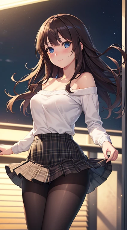 ((masterpiece, best quality, high resolution, ultra high definition, Pixel perfect, depth of field, 4K, RTX, human development report))), 1 girl, single, alone, sexy anime girl, beautiful art style, anime characters,see whole body, ((long hair, Bangs, brown hair)), ((blue eyes:1.4, round eyes, beautiful eyelashes, realistic eyes)), ((Detailed face, blush:1.2)), ((smooth texture:0.75, lifelike质感:0.65, lifelike:1.1, Anime CG style)), medium breasts, dynamic angle, Perfect body, ((Black low-cut top,exposing her chest, light blue skirt, Plaid skirt)), City stairs、Looking up from the bottom of the stairs、love smile、bend forward、(The wind blew over the skirt,exposing her chest,Holding the skirt with both hands,Exposing black pantyhose)、Street view at night