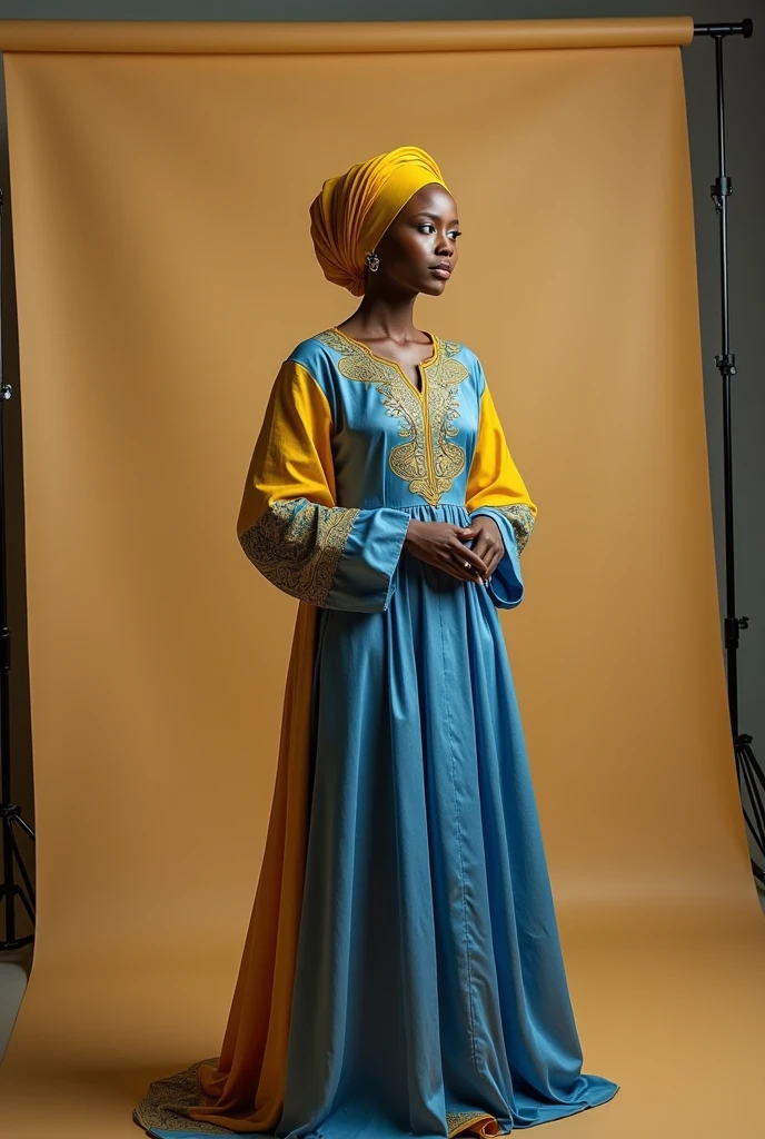 "Créez une image réaliste de Malika, une jeune femme africaine au teint claire. Elle a 28 ans et mesure 1,70 mètre. Ses cheveux sont un peu longs . Elle a une silhouette unpeu grosse ni trop mince. Elle porte une belle tenue décente."