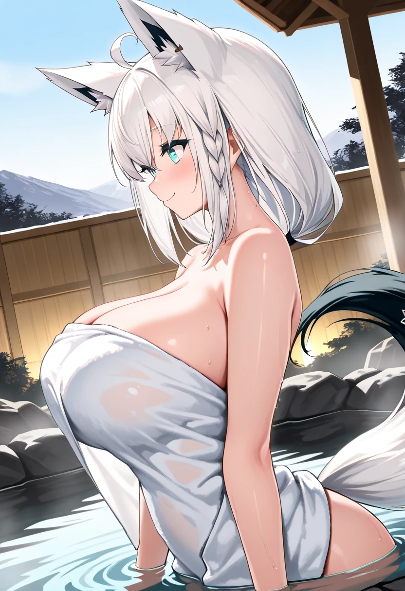 Beautiful white Kitsune, long white ears, highly detailed yellow eyes, sitting on a rock on the shore of a lake, huge dazzling blue moon reflecting in the lake, 8k, mature woman, co With a white towel, multiple white tails, very sexy figure, big breasts 