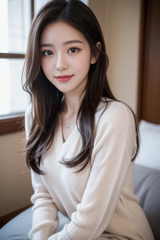 Solo,(Sexy and provocative smile), (Shiny skin:1.05),(blush:0.9),(Skin Dentition:1.15),Realism, Mastepiece, Top quality, High resolution,Disorganized, (Perfect Face:1.1),highest quality,SLR,Feels good,A transparent atmosphere,Light makeup,Sexy Lips,Diagonal bangs,Facial beauty,Making bangs,Natural soft light,One girl,depereblanca,Gazing into the distance,Duck mouth,Thin and fine eyebrows,Brown eyes,Tall,Well-shaped bust of moderate size,("I can see your breast shape",PurerosFace,Cowboy Shot,necklace,watch,18-year-old,Young woman,Knitted T-shirt,silk,cashmere,Smooth fabric,Calm fashion,tight,Thighs,Clean office,Big blinds,White wall,There is a big window on the wall,Large office,High ceilings,Passages with depth,Chest,Landscape,Sticking out your ass,Protruding nipples,
