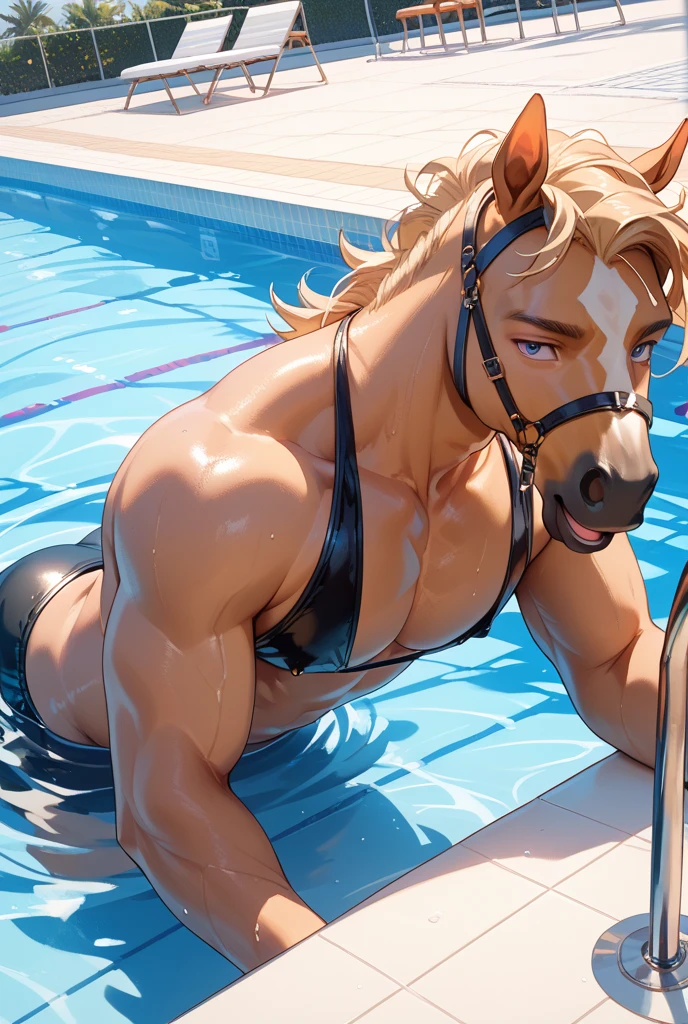 Furry, Antro, Horse Brown dark, Fundoshi bulto, Fundoshi White, Solo, Bulto Male Big, scrotum, Hooves ,Detallado, cuerpo completo, cuerpo furry, lying, Piscina, Gold Eyes