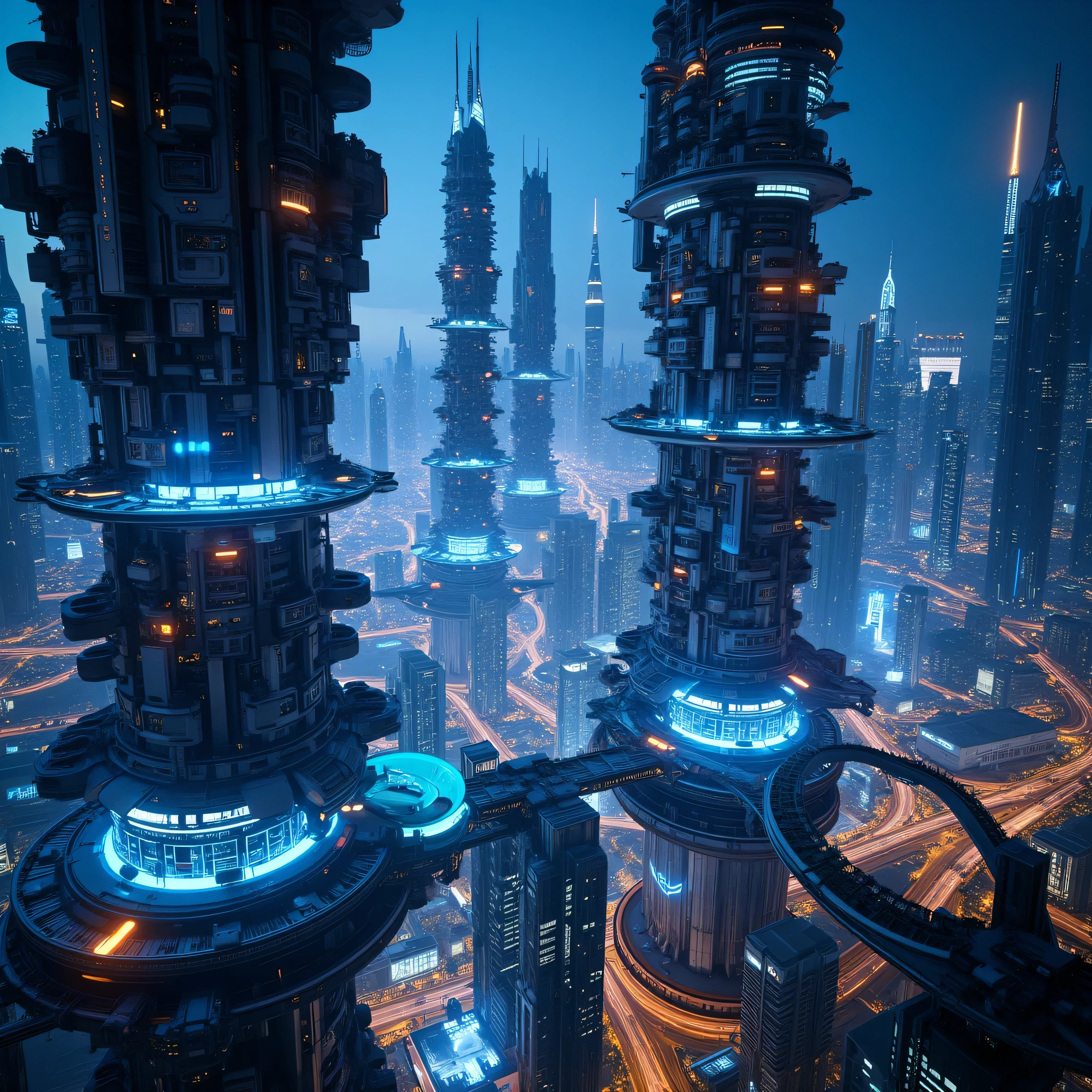 highly detailed future cities、Ground View、Human Eye View、spectacular futuristic buildings、complex future skylines、 blue neon 、Night view、buildings with futuristic textures、panoramas capturing huge future cities、large-scale future cityscapes、future cityscapes accurately depicted、cutting-edge technology and sophisticated design Integrated buildings of the future、collective of urban infrastructure that symbolizes the future、dynamic structure and design of future cities、32K,best quality,feels as realistic as a picture,Highly Precise,perfect realism,Incredible detail,Professional Finish,Excellent coloring,Vivid Colors,bokeh,HDR,UHD,Studio Lighting,extreme precision of depiction