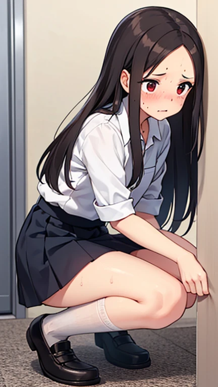 yukimi, 10., long hair, dull bangs, flat chest, No expression, shy, whole body, highest quality,  (randoseru backpack:1.4), school classroom、In underwear、angle from below、kneel down、(small area white panties:1.4)、(masturbation:1.4)、+1 man(股間の男性head of:1.4)、Striped pattern、embarrassing、Transparent、straddle a man&#39;head of、Sitting on a man's face
