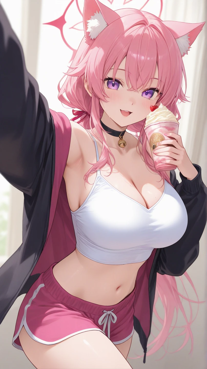 1girl, solo, nakano nino, pink hair, butterfly hair ornament, ?????, ??????????  ?????????????, cleavage, thighs, cafe background, (blushing:1.3),Showing ?????? , pink ,visible ,wet body , milf, ????