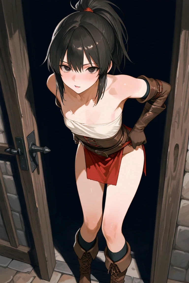 Topless human girl in red and white striped panties, solo, brown short hair, brown eyes, topless, bondage, handcuff, chained, chained arm, crying, squating, dildo inside panties, crying, nipple piercing, white liquid dripping from crotch, prisoner, goblin nest, dungeon, captured, surrounded by goblin