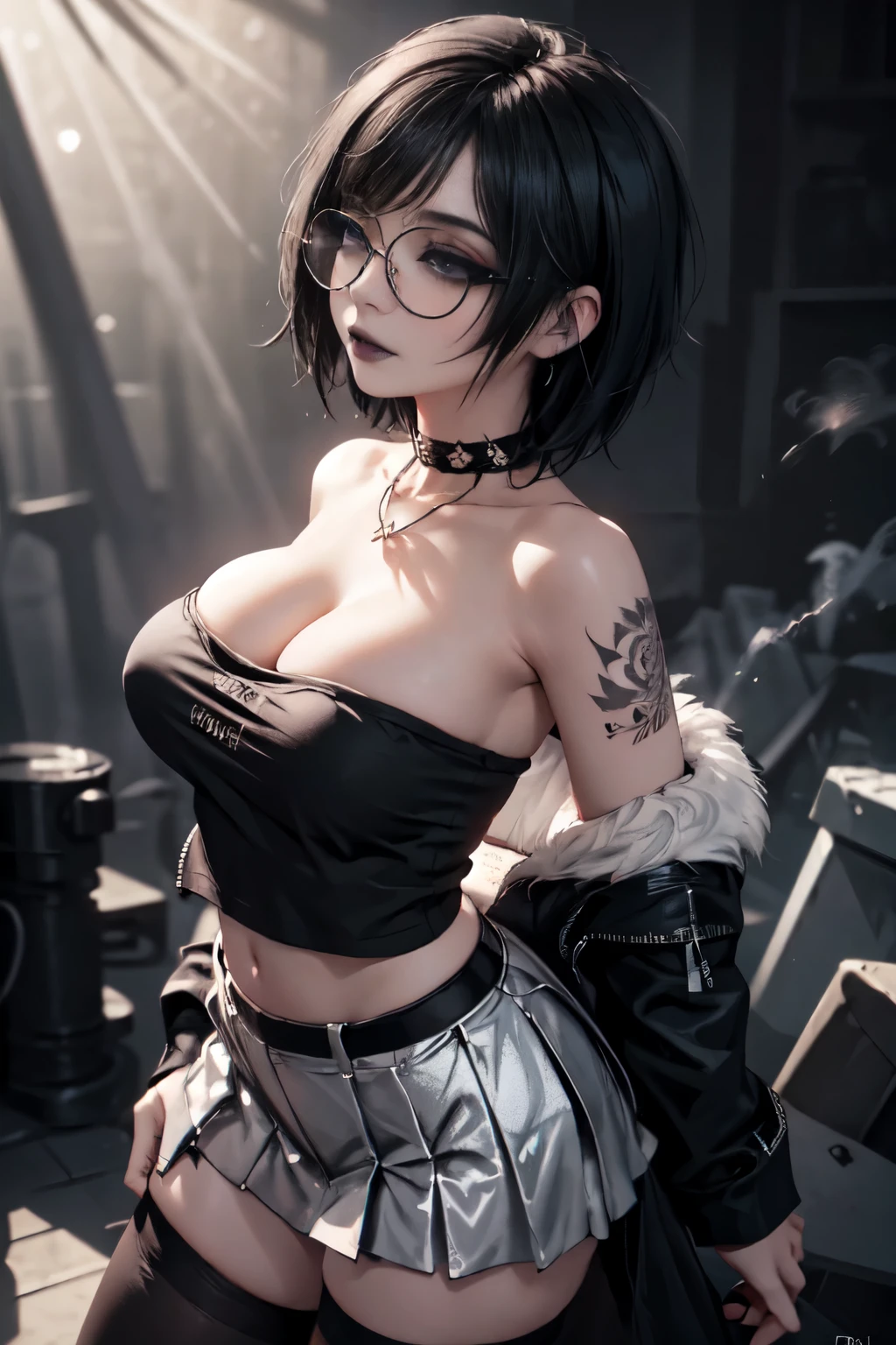 Yankee、Shisha、Hookah、Smoking cigarettes、mobster、tattoo on neck and chest(8K,masuter piece:1.2、top-quality)、(Live action、Intricate details)、Colossal tits) Dramatic makeup、: enticing,Sexy costume,a miniskirt,Anti-system、Provocative Location: abandoned vacant land、Create mixed media art、Experimenting with subculture values: individuality、authenticity、Creative Expression Inspiration: Punk rock music、Counterculture icons、avant-garde art movements Personality traits: boldness、boldness、