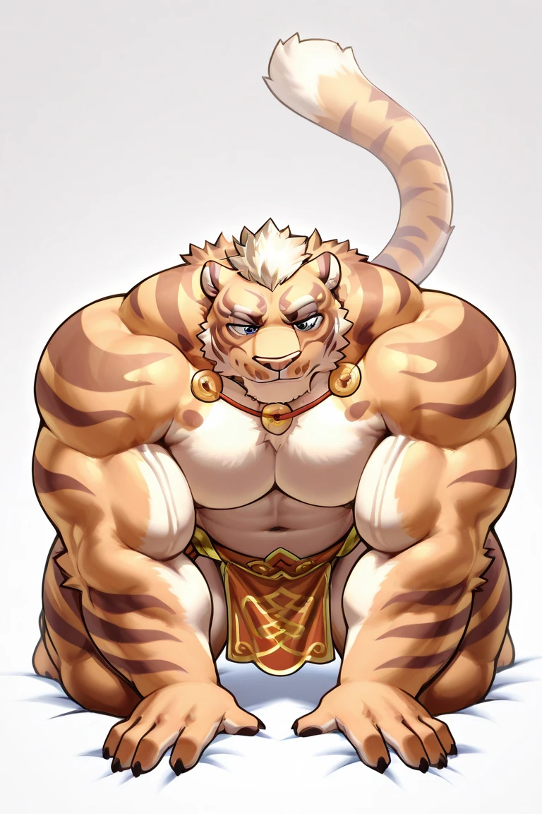 Lin Hu，Tiger Master，alone，Alone，nude，nude，full body portrait，full body portrait，Lean figure，Lean figure，blue eyes，Pampered eyes，mature male，Daddy is a boyfriend，blush，shy，stick out tongue，Love in eyes，Kneeling on the ground，Kneeling on the ground，arms back behind，arms back behind，Show chest，Pink nipples，4k，HD，masterpiece，best quality，five fingers，five fingers，five fingers，bulge，bulge，