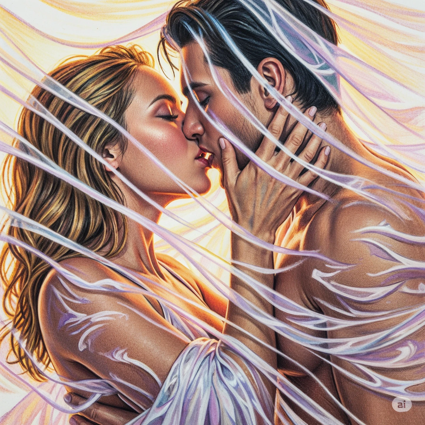 beautiful woman, dressed only in a transparent robe that allows you to see her hairy pussy, intensely sucks a man's erect penis with her mouth, there is lubricant on the tip of the cock, explicit sex
