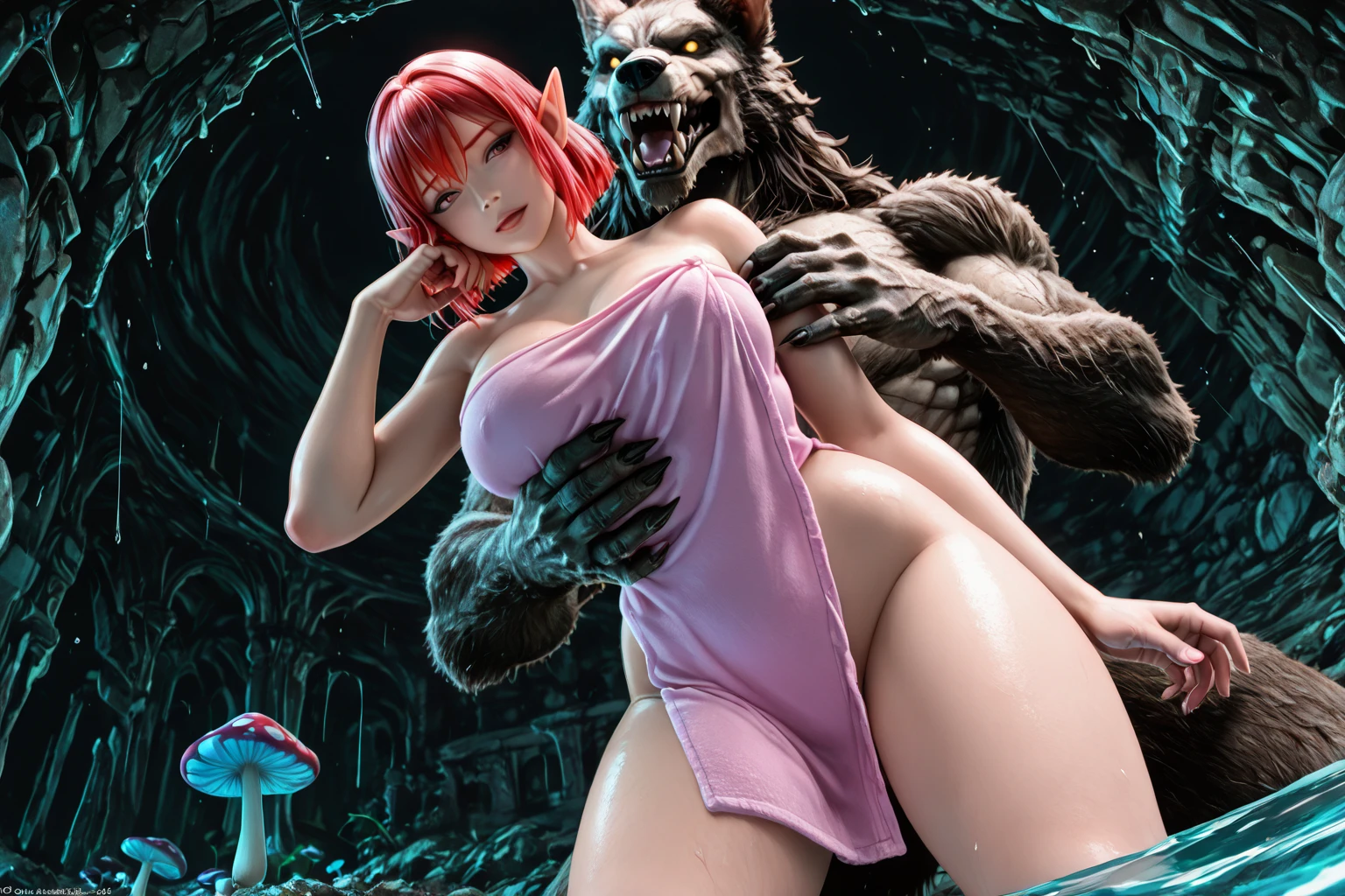 NSFW. (nude) (Nami, ((human)) large breasts, strip of pubic hair), full body, blowjob deep throat, (one male furry lion with (fat red spiked penis)), ahegao, on a deserted beach, shipwreck, (depth of field) (dramatic sunlight)