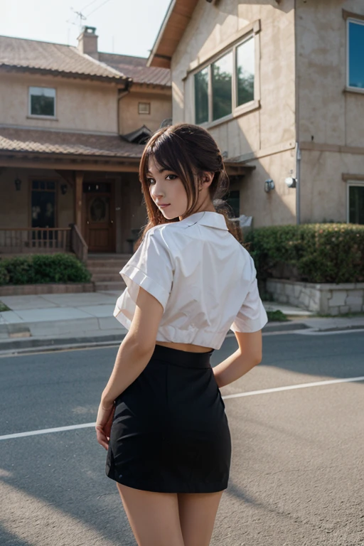 ((Midnight, highest quality, 8k, masterpiece :1.3)), whole body, Long legs, Sharp focus :1.2, Beautiful woman with perfect figure :1.4, Slim Abs :1.1, ((Dark brown hair, Big Breasts :1.2)), (White tight T-shirt, Jean Bib, Are standing:1.2), ((Night city view, rooftop:1.3)), Very detailedな顔と肌の質感, Fine grain, Double eyelids one girl,highest quality,masterpiece,figure,Very delicate and beautiful,CG,Unity,8k wallpaper,wonderful,In detail,masterpiece,Official Art,Very detailed CG Unity 8k wallpaper,Incredibly absurd,Large file size,Very detailedな,High resolution,Very detailed,Beautiful detailed girl,Realistic,from the front,Outdoor,　suspenders　　　Large swollen breasts　　 　 　　　　Black mini skirt　garter belt　Knee-high socks　　　　　　　bangs 　　　　　Beauty　　Hands up　　 　　Black boots 　　　　one person 　　　Dress shirt　　　Hands Behind Back　put your hands behind your back　　With your hands behind your back　Armament　holster　　A room at the Belt Hotel　Bed　Wall side