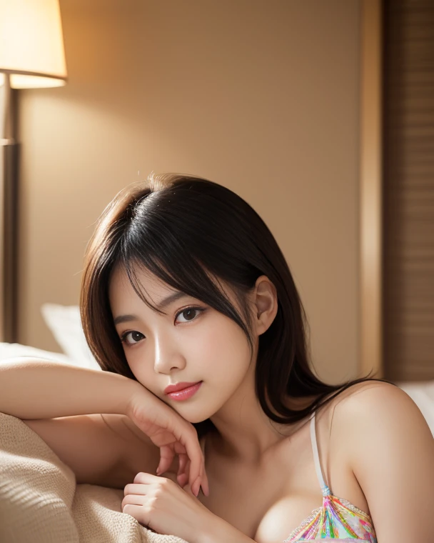 masterpiece, best picture quality, high quality, beautiful girl, Japanese, Japanese school girl, detailed, detailed eyes, detailed skin, beautiful skin, ultra high resolution, (reality: 1.4), very beautiful, slightly younger face, beautiful skin, slender, (ultra realistic), (illustration), (high resolution), (8K), (highly detailed), (best illustration), (beautifully detailed eyes), (super detailed), (wallpaper), (detailed face), looking at viewer, fine details, detailed face, smiling, looking straight ahead, angle from waist up, realistic photo, bright lighting, professional lighting, long hair, mature woman, long stylish bangs, bedroom,sexy nude,