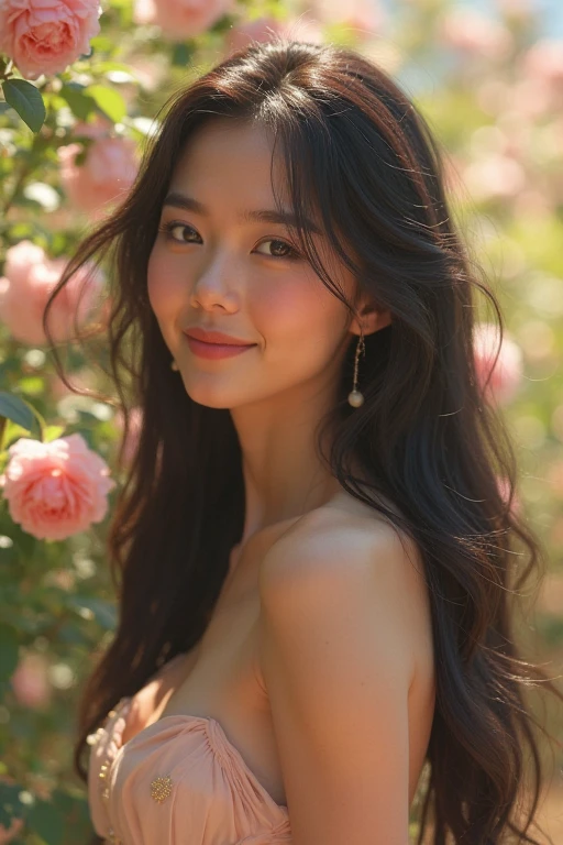a girl, 23, lying in a field of colorful flowers, beautiful detailed eyes, beautiful detailed lips, extremely detailed face and skin, long eyelashes, serene expression, flowers surrounding her, sunlight filtering through the petals, pastoral landscape, lush greenery, (best quality, 8k, highres, masterpiece:1.2), ultra-detailed, (realistic, photorealistic, photo-realistic:1.37), soft natural lighting, warm color palette, delicate, feminine, cinematic composition