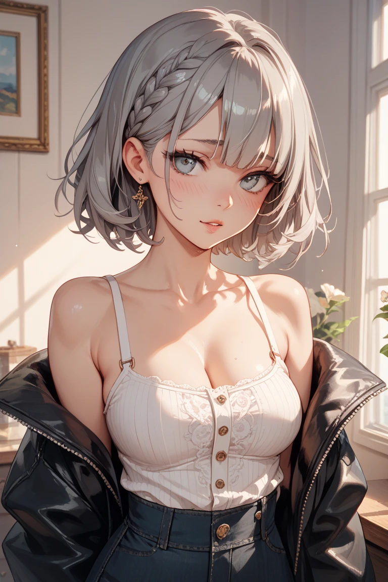 ((best quality)), ((masterpiece)), (detailed), 1girl, off-shoulder sweater, cat girl, white hair, watch, bracelets, necklace, breast peek, small breast, thick lips, big lips, white skin,