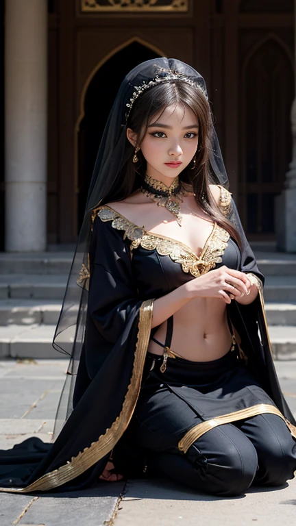(Masterpiece, Best Quality, Realistic: 1.37), (Complex and Delicate, Highly Detailed Skin and Face), Beautiful Queen in Black Dress Set, Wrapped in Luxurious Dark Hooded Robe, Dark Rose and Skull Adorning Her Cloth, (Headdress, Rose, Skull Decoration, Black, Dark), Blue Eyes, Dark Background, Movie Soft Light, Thighs, Full Body Shot