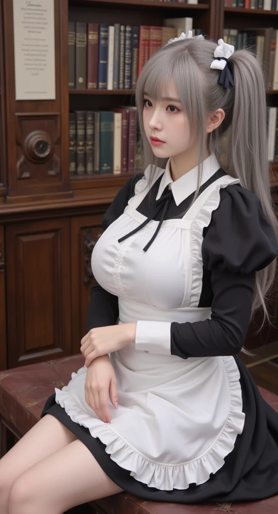 gorgeous maid, maid outfit, maid dress, beautiful maid, sexy maid , breast mole, white hair