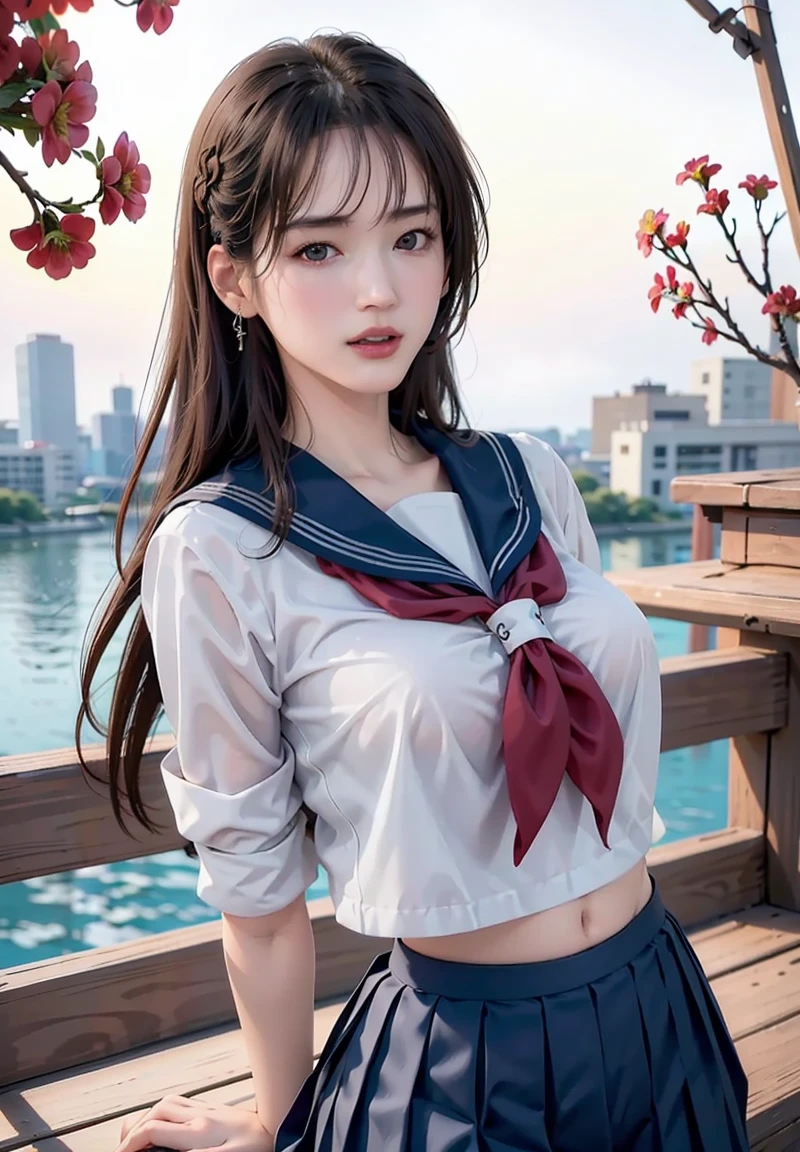 (, high resolution, Ultra Detailed, nffsw), On the table, best quality, SAMA1, Tira, Sailor warrior, White gloves, Red sailor collar, Red Skirt, Star necklace, Elbow groove, Pleated Skirt, Bare legs, Purple bow, Cowboy photoshoot, outdoor, Bokeh (85mm lens), Front camera, Gentle expression, wind blowing hair, fluffy hair, hair ((Brown)), Ponytail, Casual hairstyles, Blonde hair, Mole under left eye, Perfect body, Big breasts, Large Breasts, Top quality wearing hair ribbons, Earrings of top quality, garden，fountain