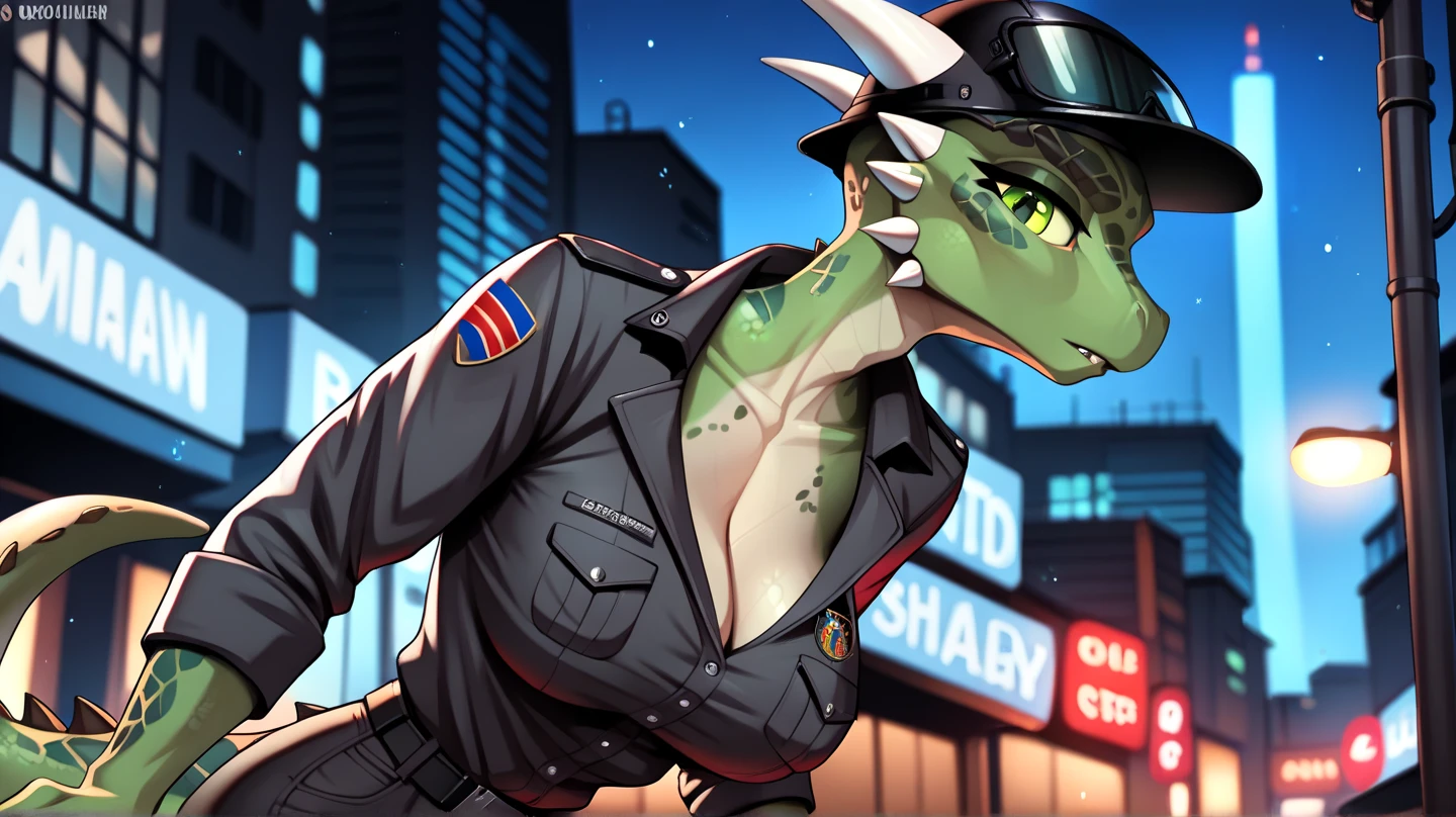 Dragon, anthro, long neck, green body, wide hips, large breast, Cyberpunk, wing son her back, bottomless, breast, 3/4 view, cute blushing, bare chest, looking back, butt, jacket, (8k), (4k), high definition , bottomless, heart pattern on butt, blushing, cute