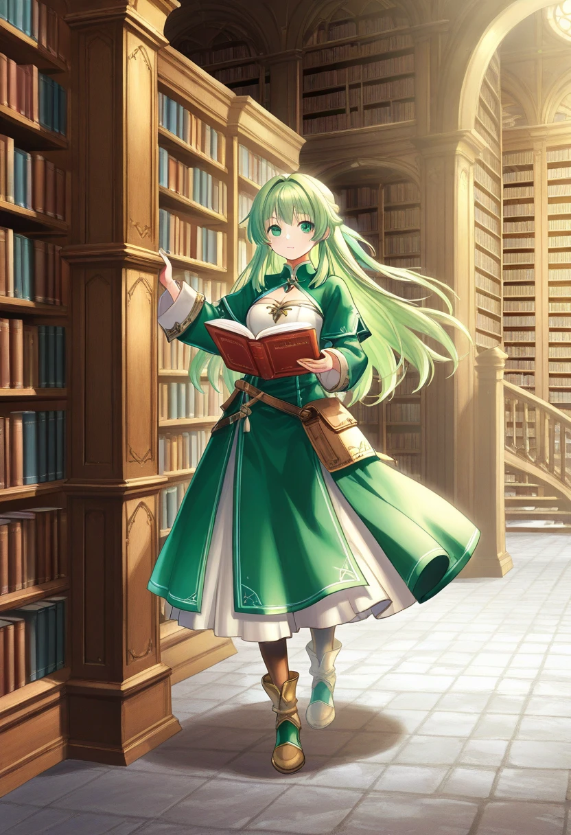 1 girl playing with a cat、emerald green hair、long hair、Alchemist Clothes、large and large library、wooden library 、((A fantasy library))、Stairs in the background、reading spells、full body