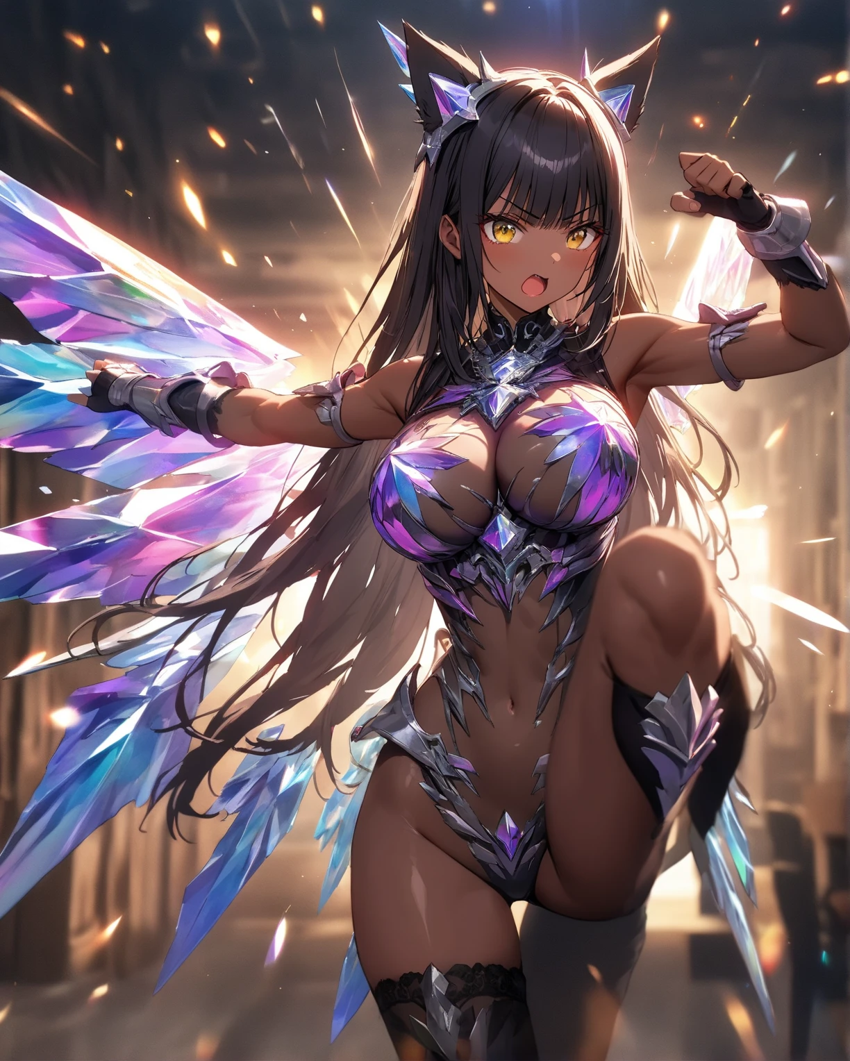 (hail knight, Solitary, 1 girl in black armor, Beautiful purple eyes, Long black hair, Purple Wings, 手里拿着huge紫色能量剑, Holding a sword:1.3), (Simple glowing background:1.25)masterpiece, best quality, Wide Angle, Ultra Detailed, masterpiece, best quality, 8K, Natural Lighting, Soft lighting, Sunlight, Human Development Report (High Dynamic Range), Maximum clarity and sharpness, Multi-layered textures,huge , Crazy breast swelling, Chest larger than shoulder blades, Big breasts and thin waist,(huge breasts:1.2),Hydrated skin((rogue))((非常huge乳房)),((Grooves reveal original skin))