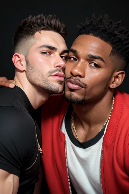 Young gay boyfriends celebrating two months of dating
Kissing and hugging
One is brown-skinned with white hair and tall
The other is white-skinned, Brown hair and short stature
Both have rings in their ears
