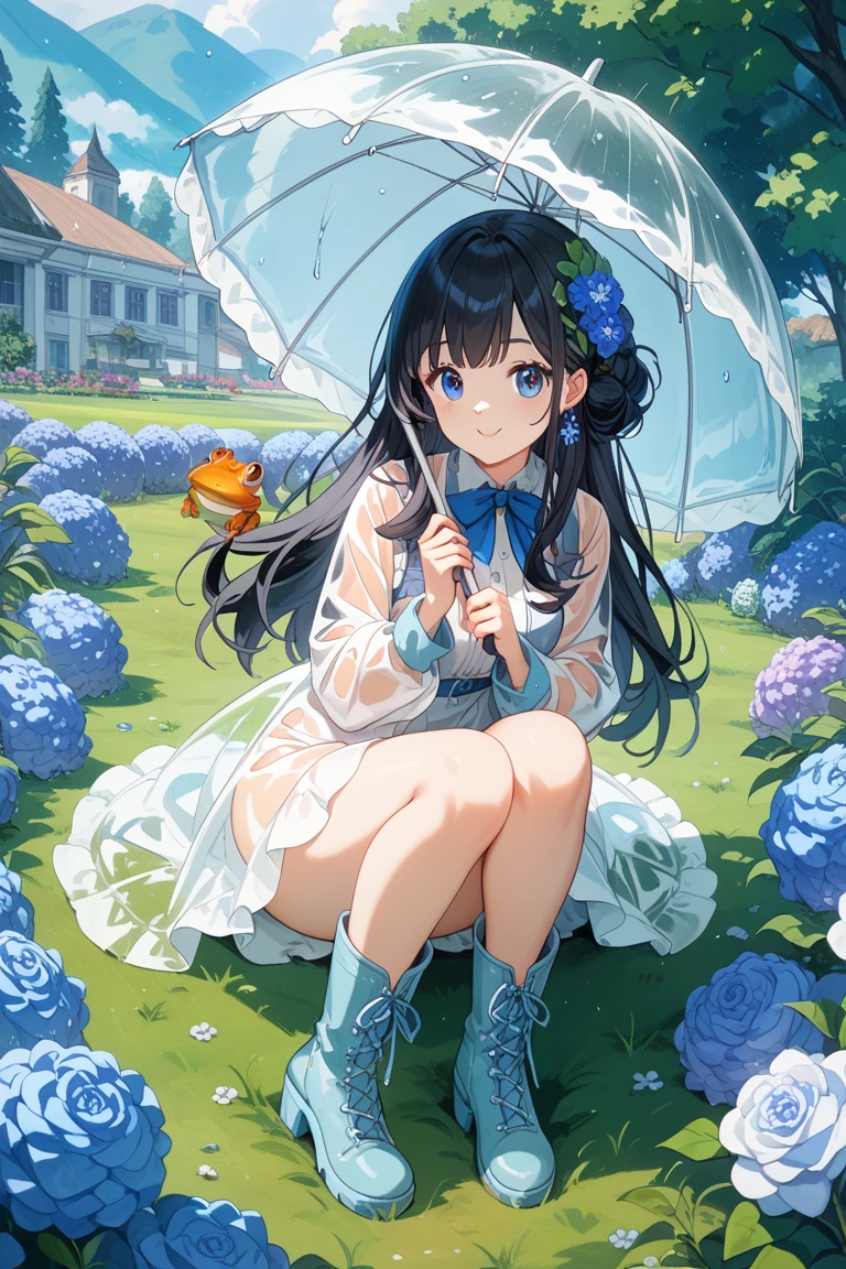 A beautiful 15-year-old girl holding a bouquet of balloons in a blue meadow under the blue sky in summer, a peaceful and calm image, a fantastical, girl manga style illustration touch,