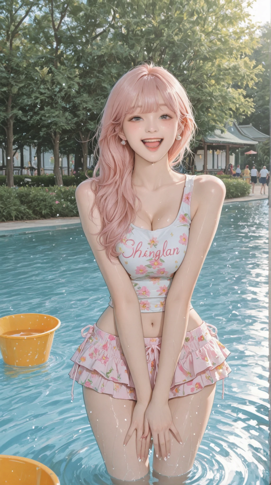 8K, top-quality, masterpiece:1,2), (reallistic, Photorealsitic:1.37), Super Detail, One girl,), (Highly detailed), (beautifully detailed eyes), (of the highest quality), (super detailed ), (masterpiece), (Detailed face),20yr old, ,1 girl, ((pink hair,long hair)), medium breasts, clothed, Perfect Lighting, BREAK,
(light pink:1.2), (dark blue:1.2), (small floral patterns:1.2), (shiny fabric:1.1), (one-piece swimsuit:1.5), (long-sleeved rash guard:1.3), (light support bikini top with pads:1.4), (high-waisted bottoms:1.4), (loose-fitting:1.3), (large ribbon on chest:1.2), (small ribbons on hips:1.2), (frills on chest:1.2), (pearl details:1.1), (bead details:1.1), (pastel-colored beach sandals:1.2), (flower-shaped sandals:1.2), (shell necklace:1.1), (pearl bracelet:1.1), BRAKE, (upper body and knees:1.2), (long wavy hair:1.2), (shoulder length hair:1.1), (smile:1.3), (facing forward:1.2), (looking up:1.1), (looking at viewer:1.5), (seiza:1.5), (sweat:1.5), (touching swimsuit ties:1.1), (one leg forward:1.1), (bright facial lighting:1.3), (hair highlights:1.3), (poolside:1.2), BRAKE (sweat:1.5), (steam:1.2), (looking at viewer:1.3), (erect nipples:1.2)