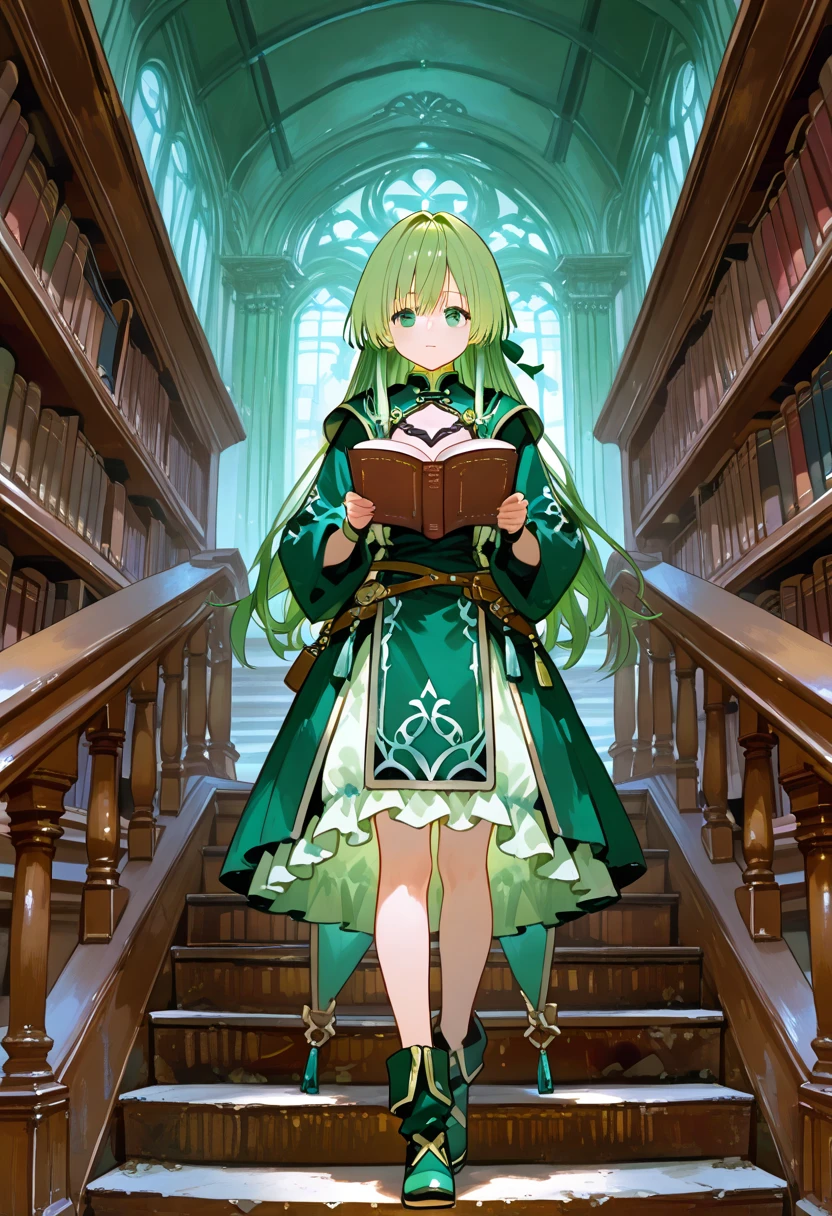 1 girl playing with a cat、emerald green hair、long hair、Alchemist Clothes、Big and big library、wooden library 、((A fantasy library))、Stairs in the background、reading spells、full body