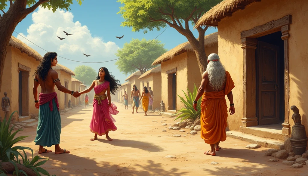 An Indian village couple running together at dusk, with a sense of urgency. The beautiful woman, wearing a  salwar suit, has an expression of fear and is holding the hand of a handsome man. faces should be very good loooking. The background features a rural village setting, with shadows and eerie details that add to the horror theme. Use dramatic, cinematic lighting that highlights their expressions and movement, with deep contrasts between light and shadow to enhance the tension and atmosphere.