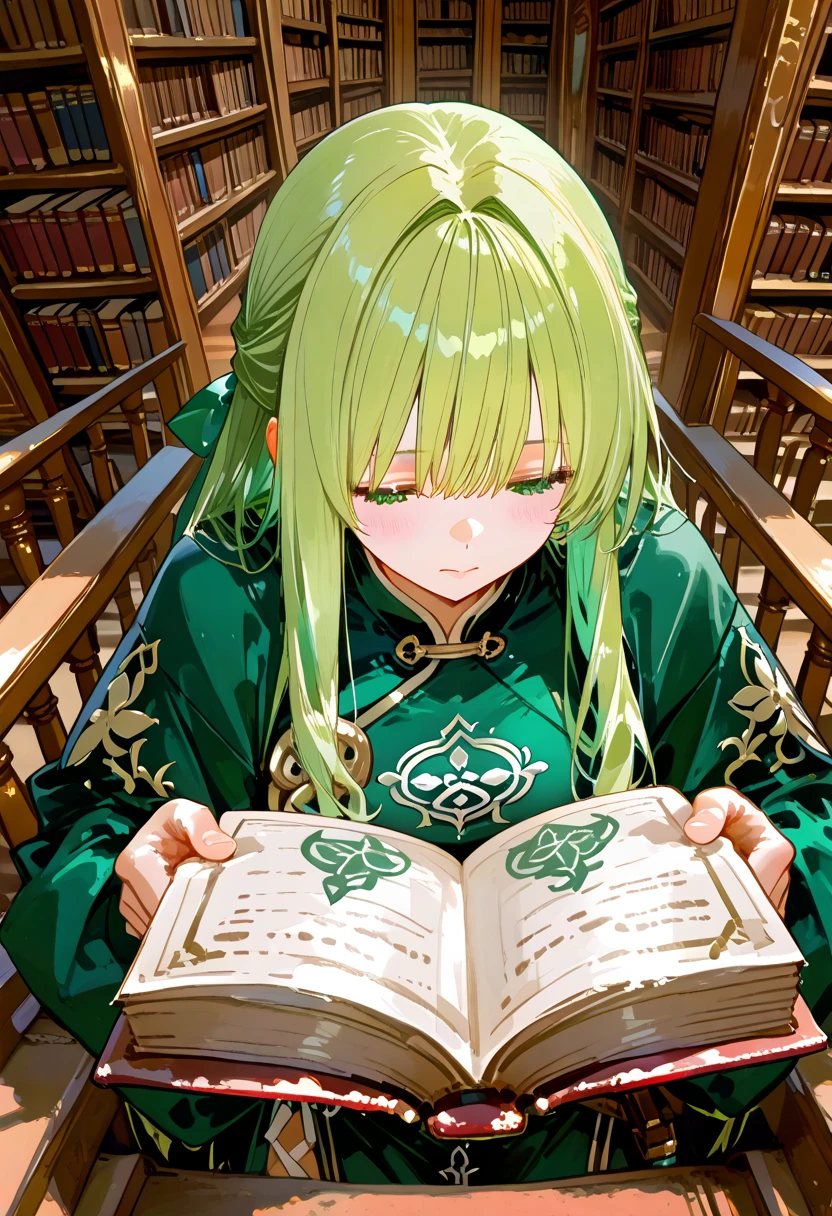 1 girl playing with a cat、emerald green hair、long hair、Alchemist Clothes、large and large library、wooden library 、((A fantasy library))、Stairs in the background、reading spells