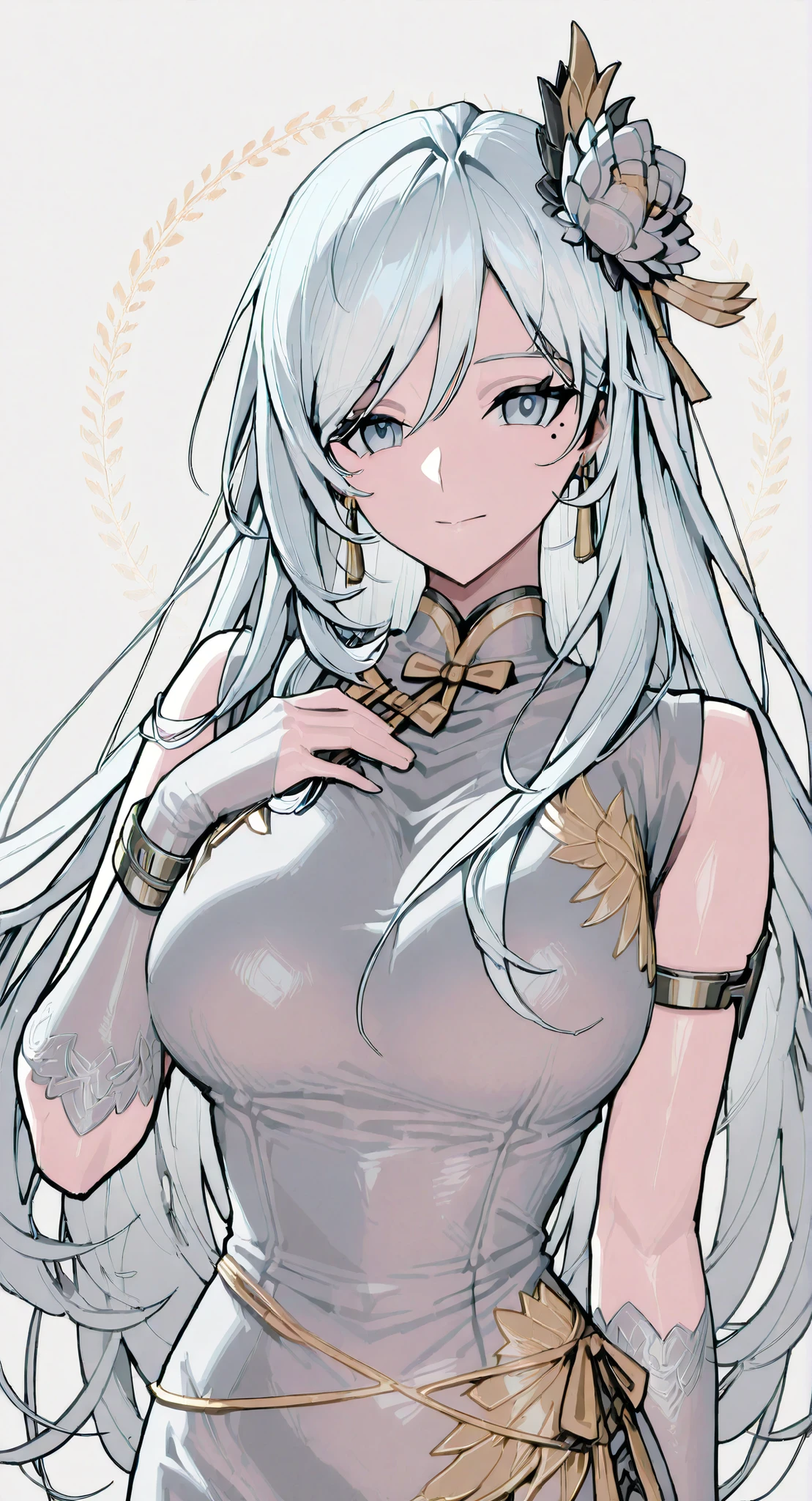 mole under eye、Armlet for left arm、bracelet for right wrist、pure white china,sleeveless china ,anime girl Picture of a woman with long white hair and a flower in her hair, gray hairの deity, Anime Goddess, gray hairの, gray hairの lady, gray hair, Zodiac Knight Portrait Girl, Haise Jinyao, Genshin、Keking, Full Body Senxia , Female Anime Characters Who Collect Their Boob With Both Hers, Picture of a woman with long white hair, perfect gray hairの girl,Beautiful breasts with a nice shape,thin waist,mole under eye,Long Gloves,earrings、short hair, anatomically correct, accurate, textured skin, high details, best quality, 8k